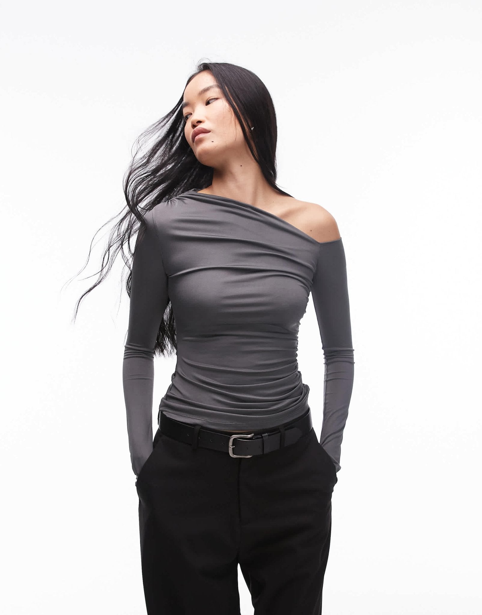 Nia cleo off - shoulder slinky top in charcoal - ASOS Sample Sale