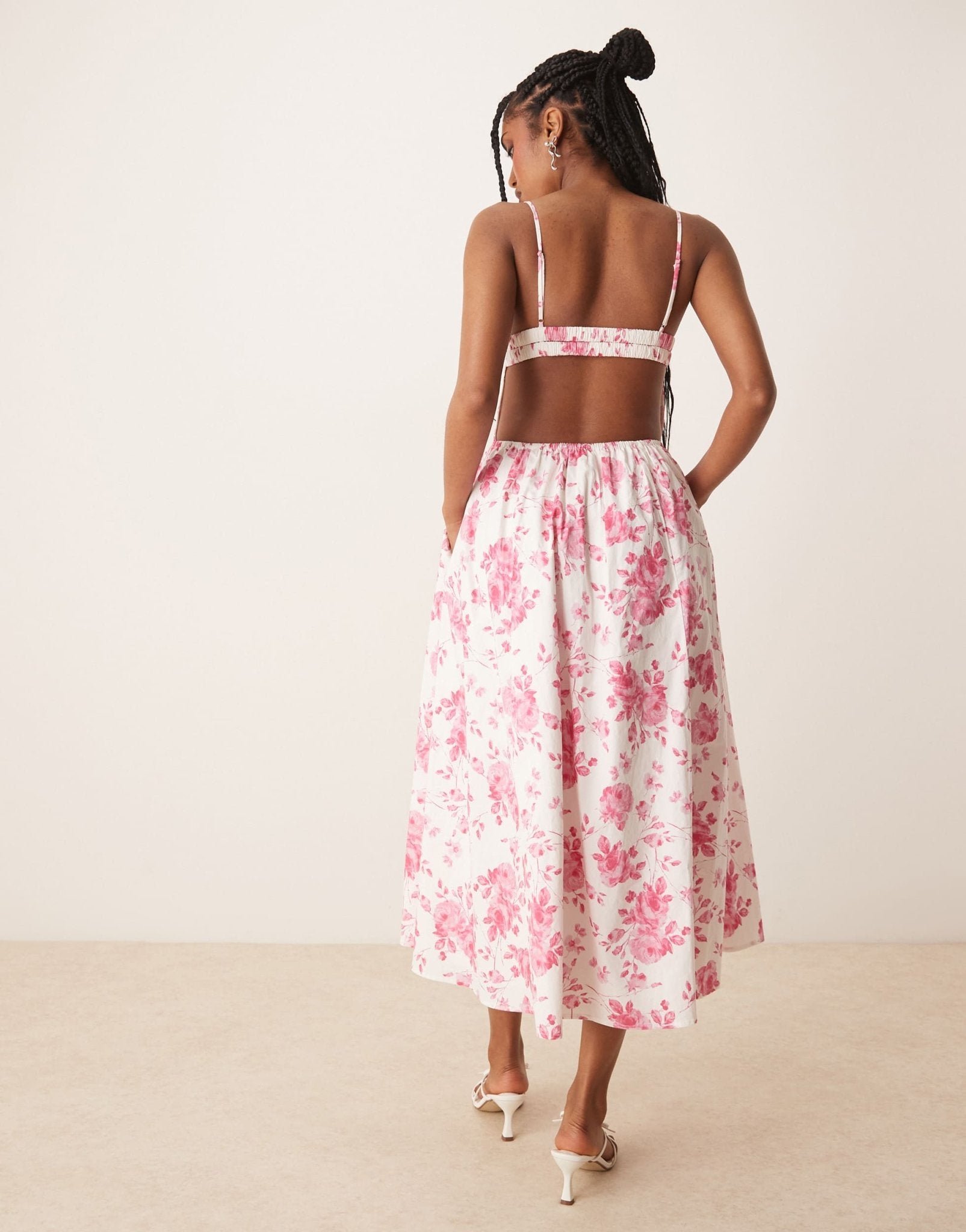 Nia destene toile print bustle effect camisole dress in white and pink - ASOS Sample Sale