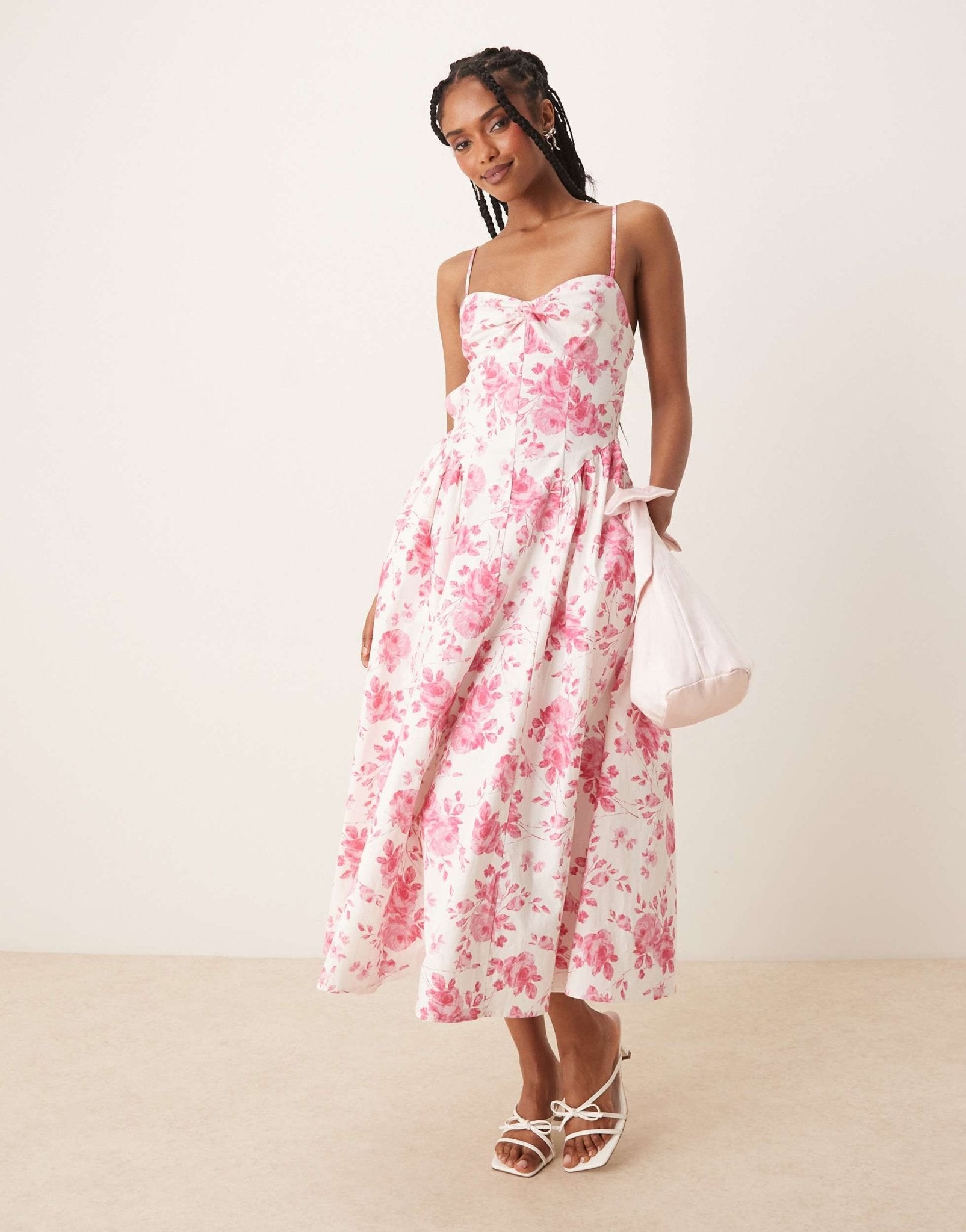 Nia destene toile print bustle effect camisole dress in white and pink - ASOS Sample Sale