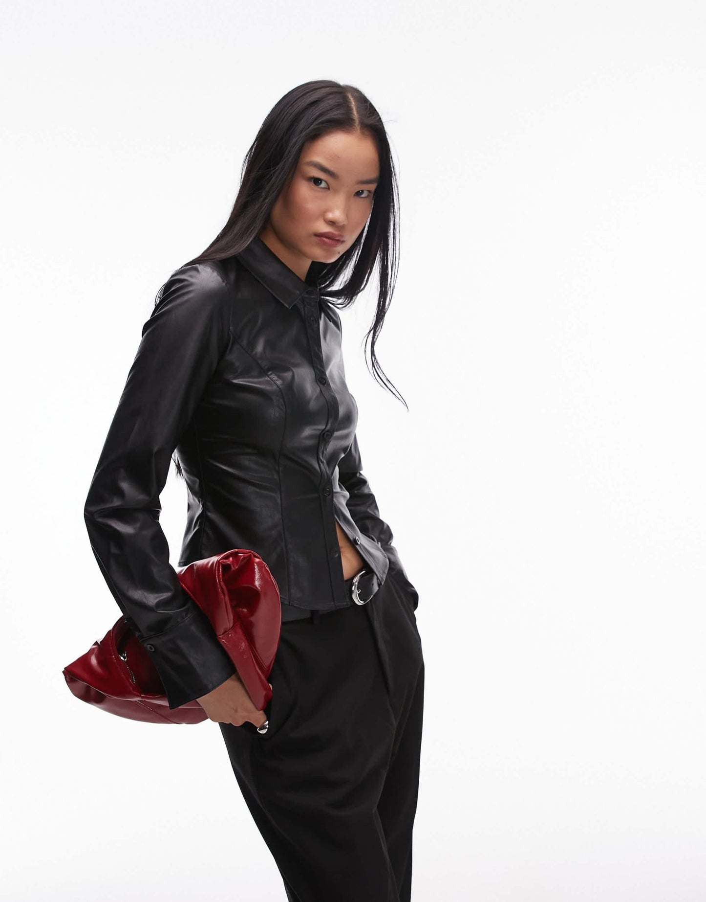 Nia faux leather fitted shirt in black - ASOS Sample Sale