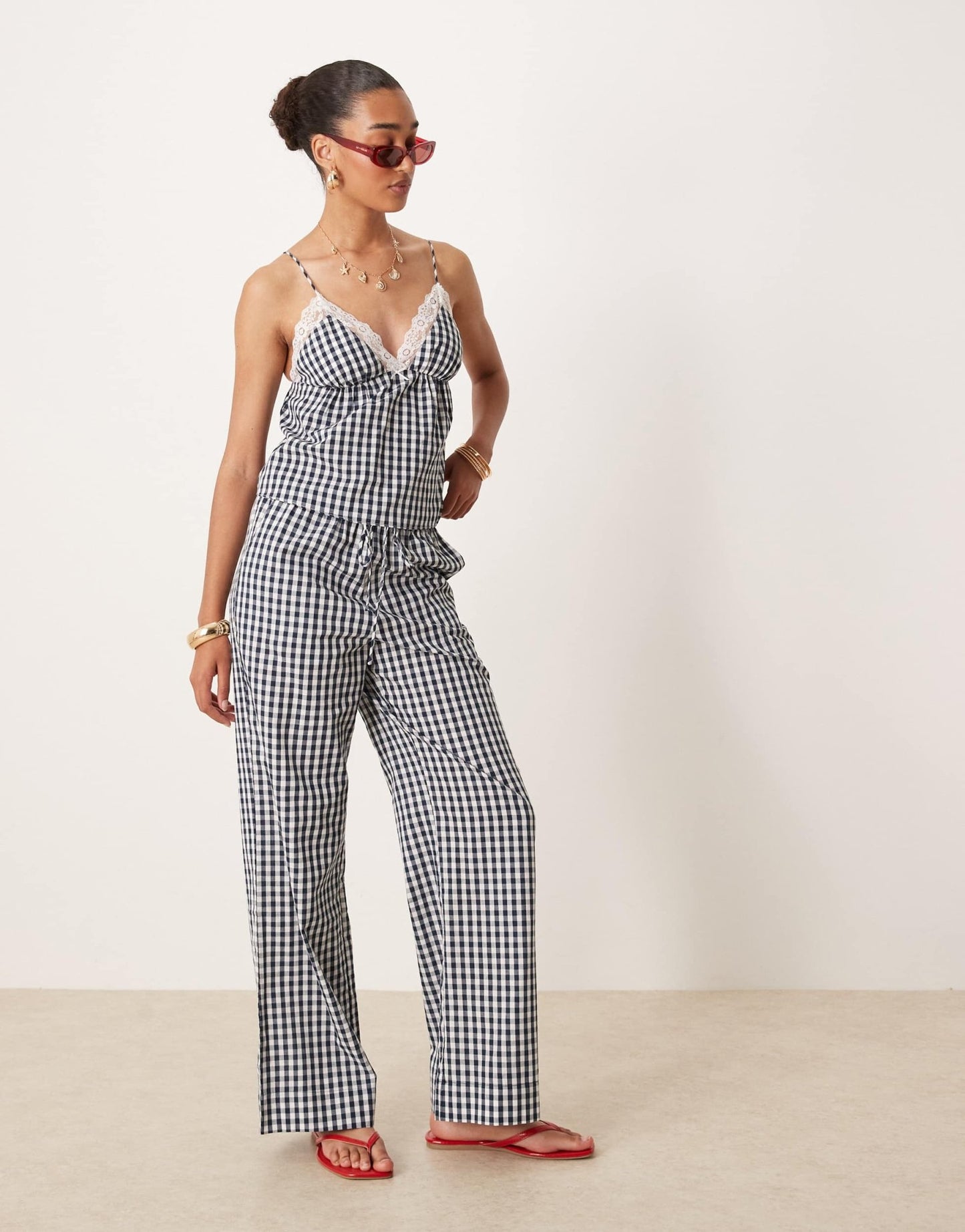 Nia khonny gingham wide leg trousers in navy - ASOS Sample Sale