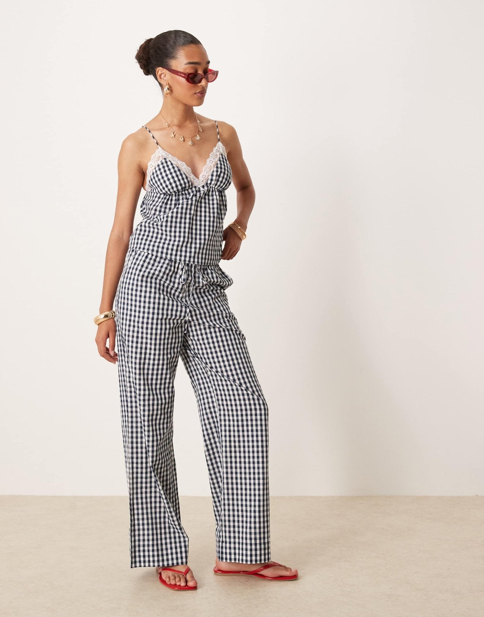 Nia khonny gingham wide leg trousers in navy - ASOS Sample Sale