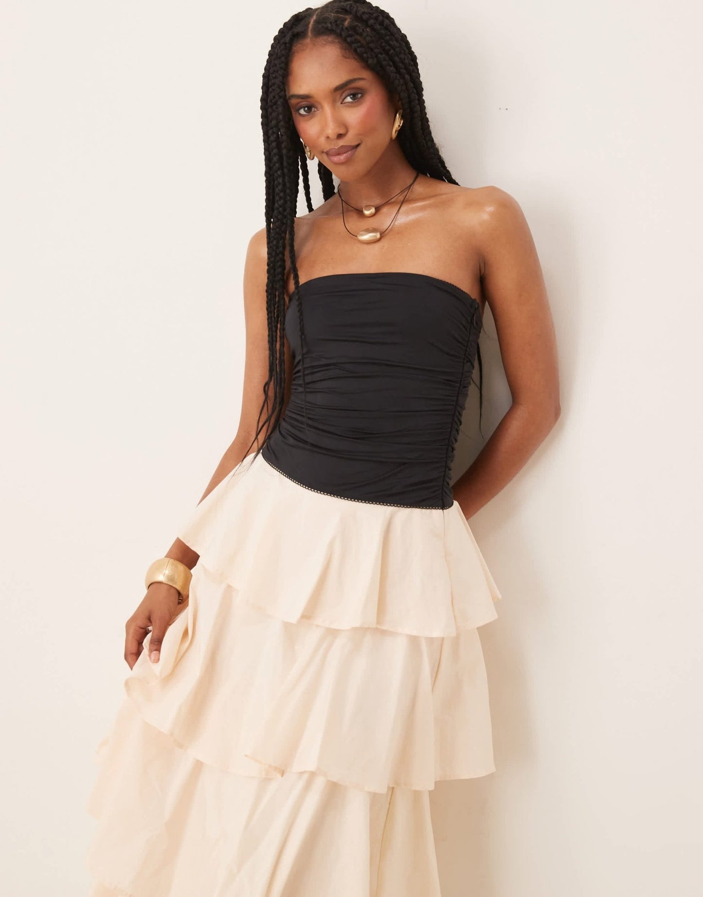 Nia mathilda tiered bandeau midaxi dress in ecru and black - ASOS Sample Sale