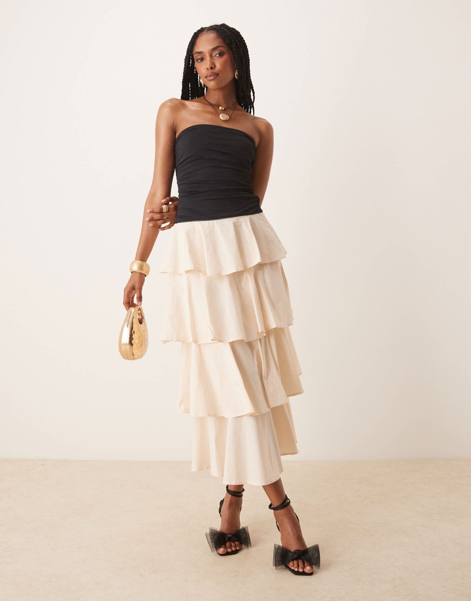 Nia mathilda tiered bandeau midaxi dress in ecru and black - ASOS Sample Sale