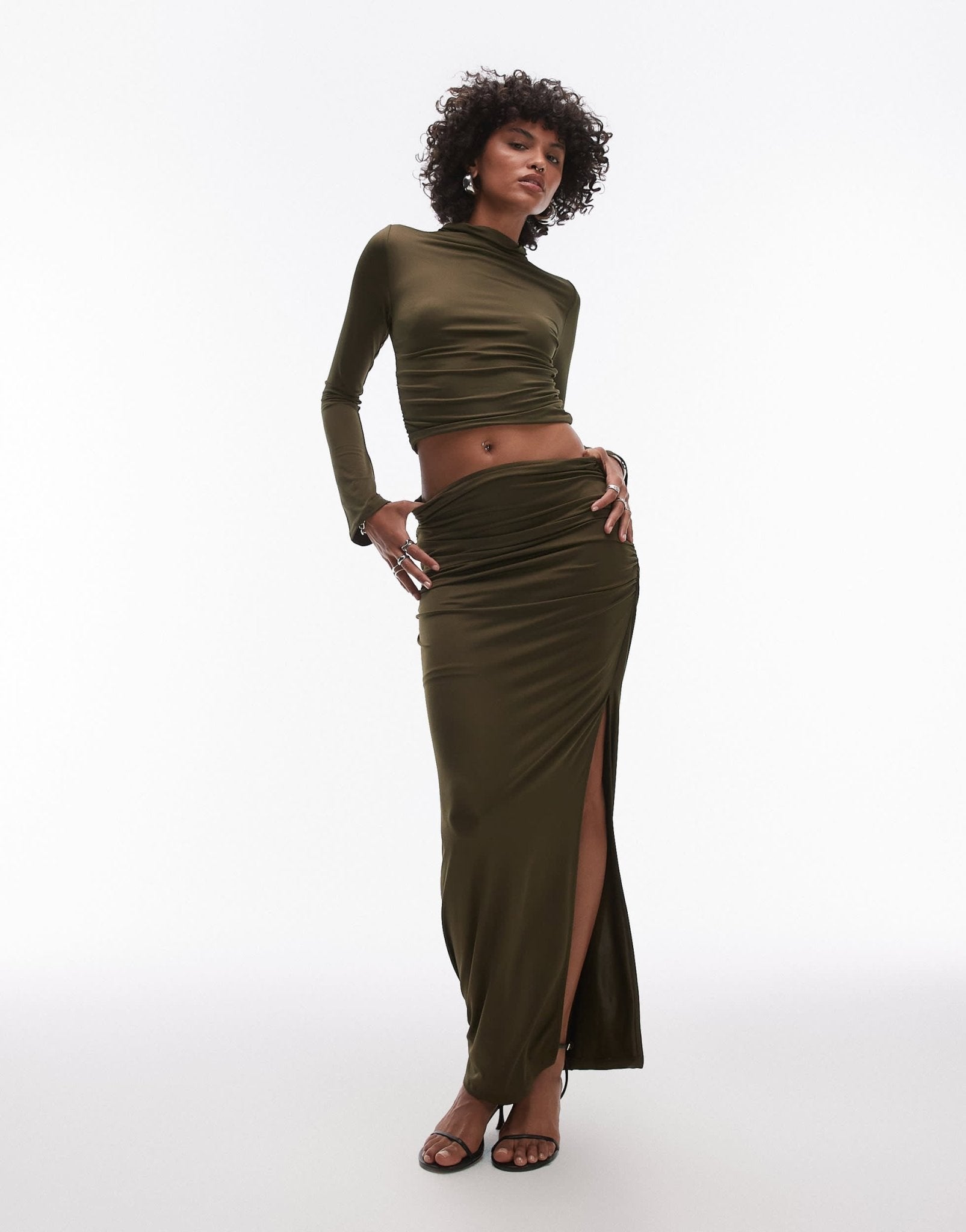 Nia selena slinky maxi skirt co - ord in olive - ASOS Sample Sale