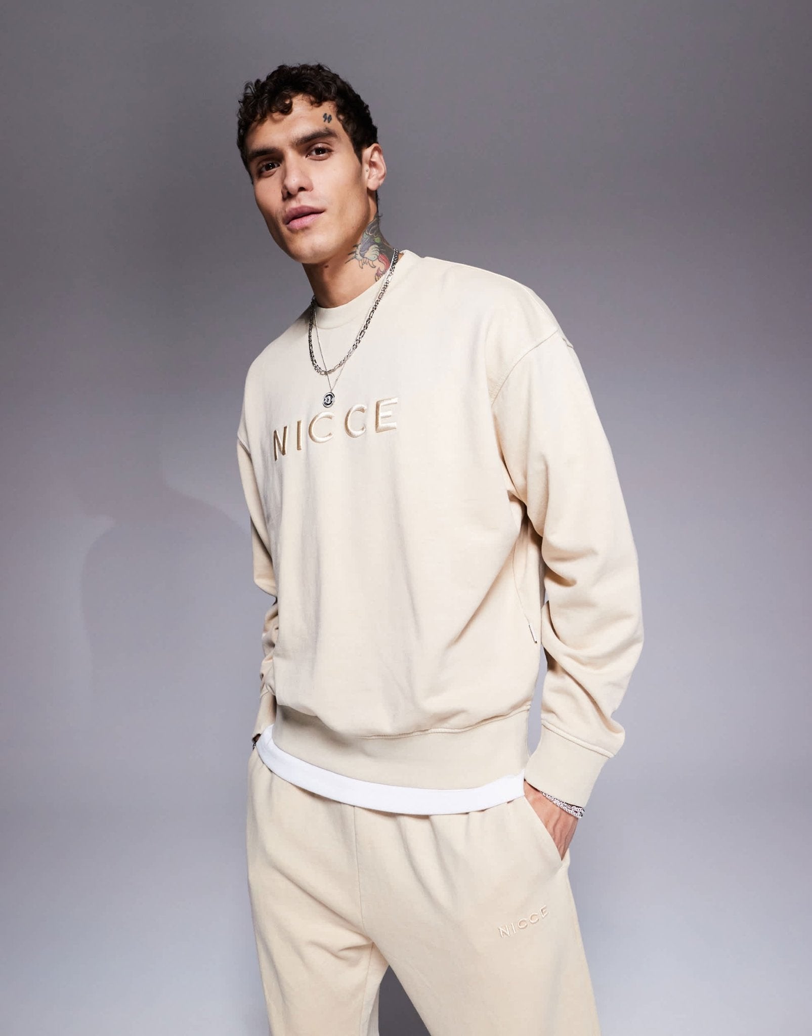 Nicce co - ord logo washed crew neck sweat in beige - ASOS Sample Sale