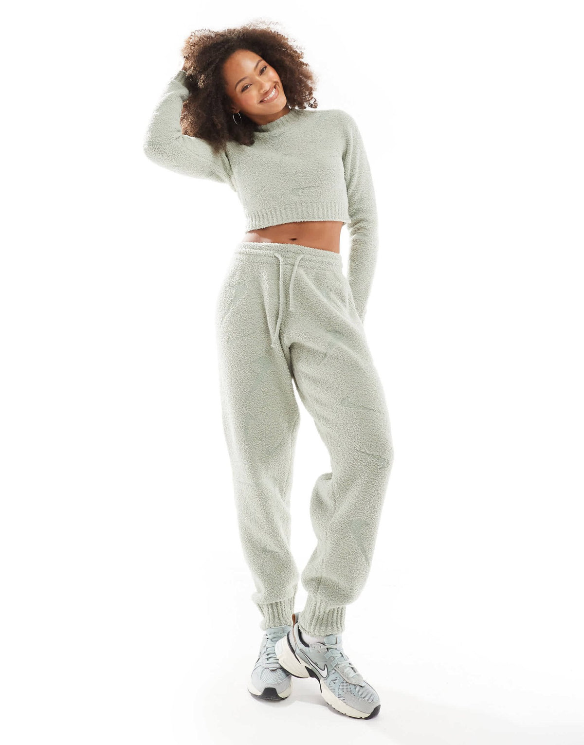 Nike Phoenix Boucle all over print swoosh high-waisted joggers in light green - ASOS Sample Sale