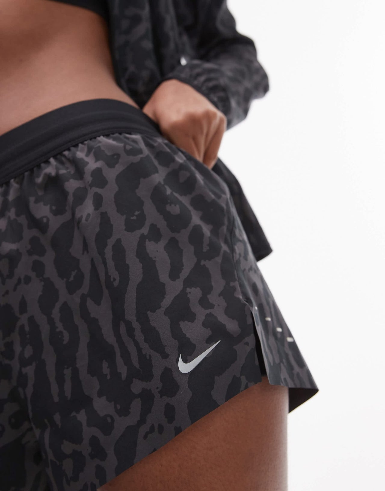 Nike Running Swift Dri-FIT Leopard Print 3inch 2 in 1 shorts in black - ASOS Sample Sale