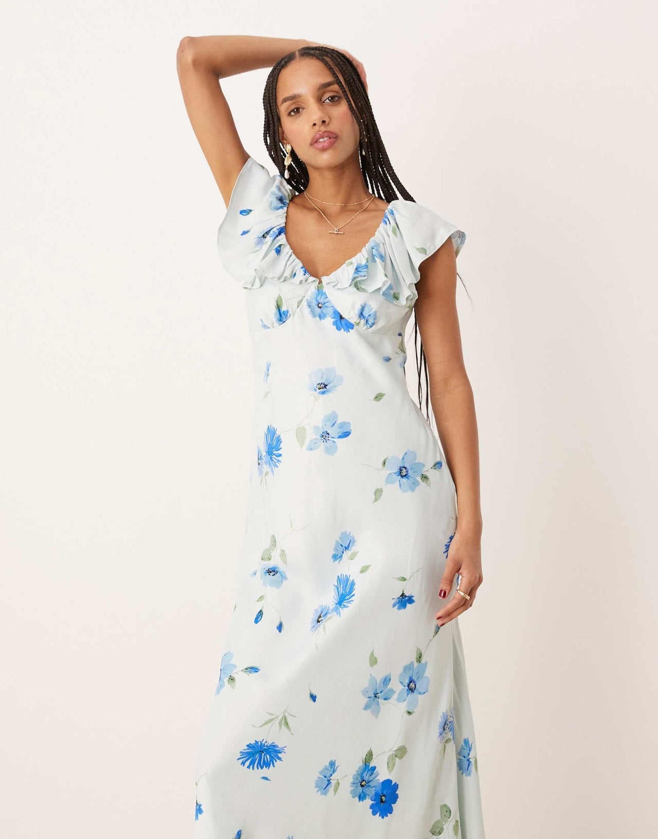 Nobody's Child Abelia ruffle shoulder midi dress in blue floral - ASOS Sample Sale