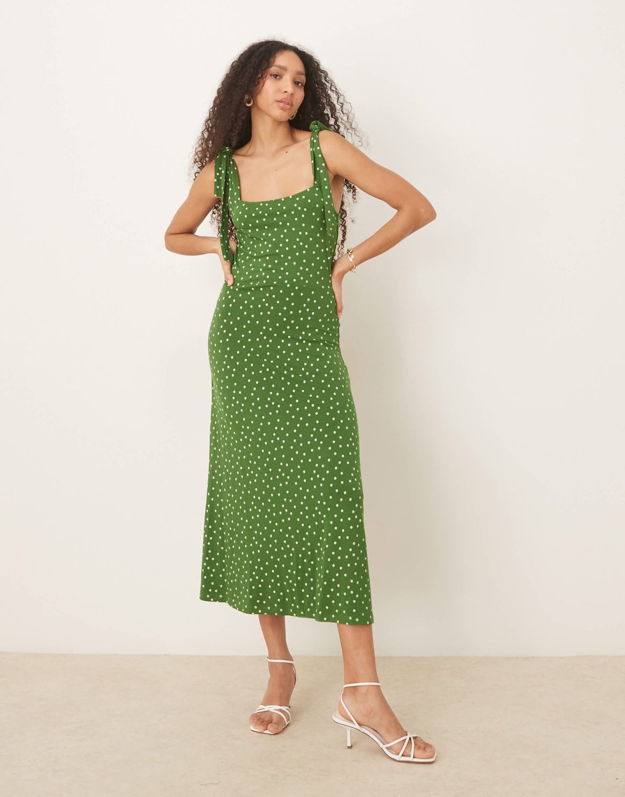Nobody's Child Adrian tie shoulder midi dress in green spot - ASOS Sample Sale