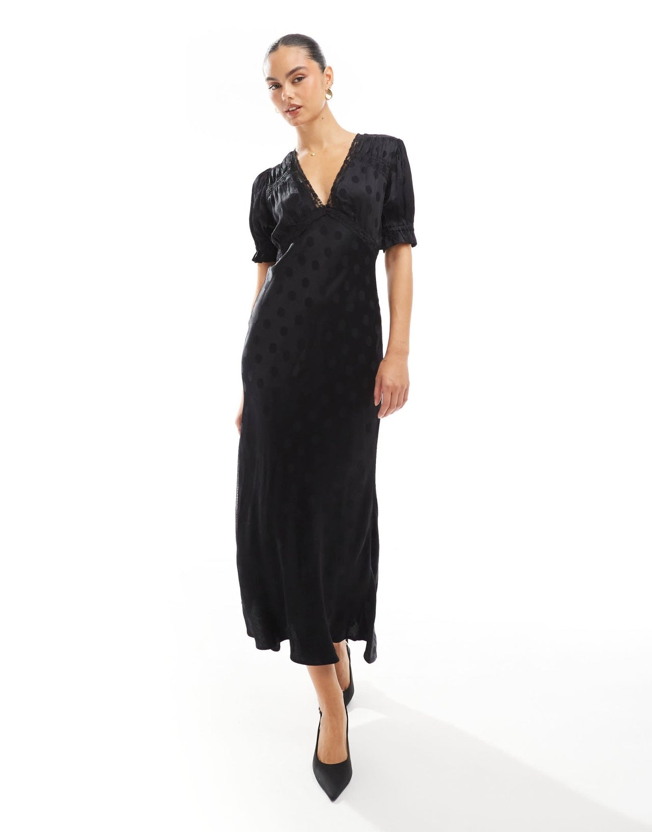 Nobody's Child Angela satin maxi dress with lace detail in black - ASOS Sample Sale