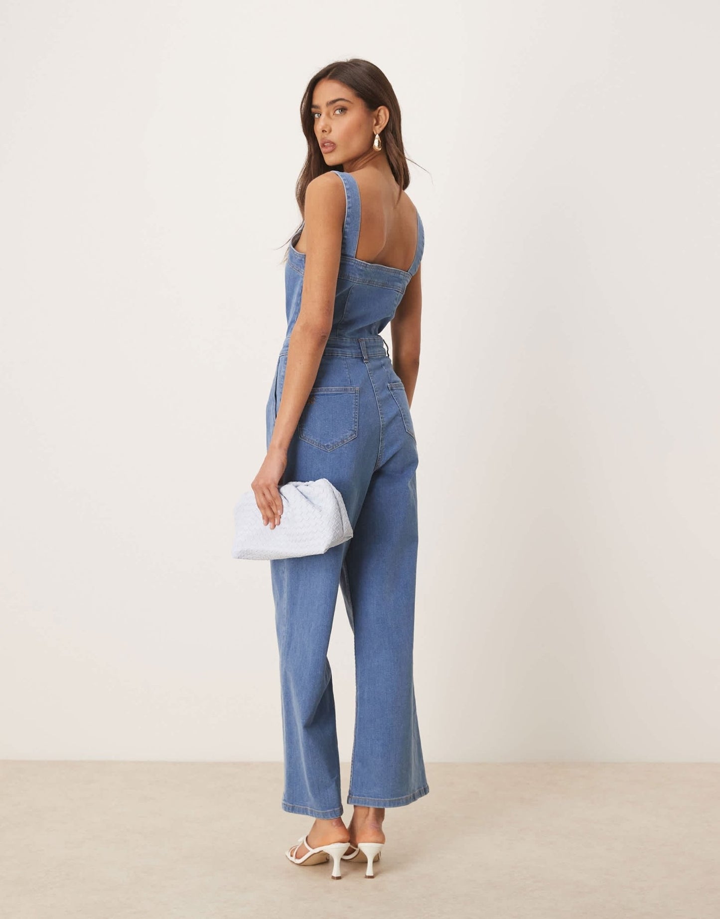 Nobody's Child Aster button strappy denim jumpsuit in mid wash - ASOS Sample Sale