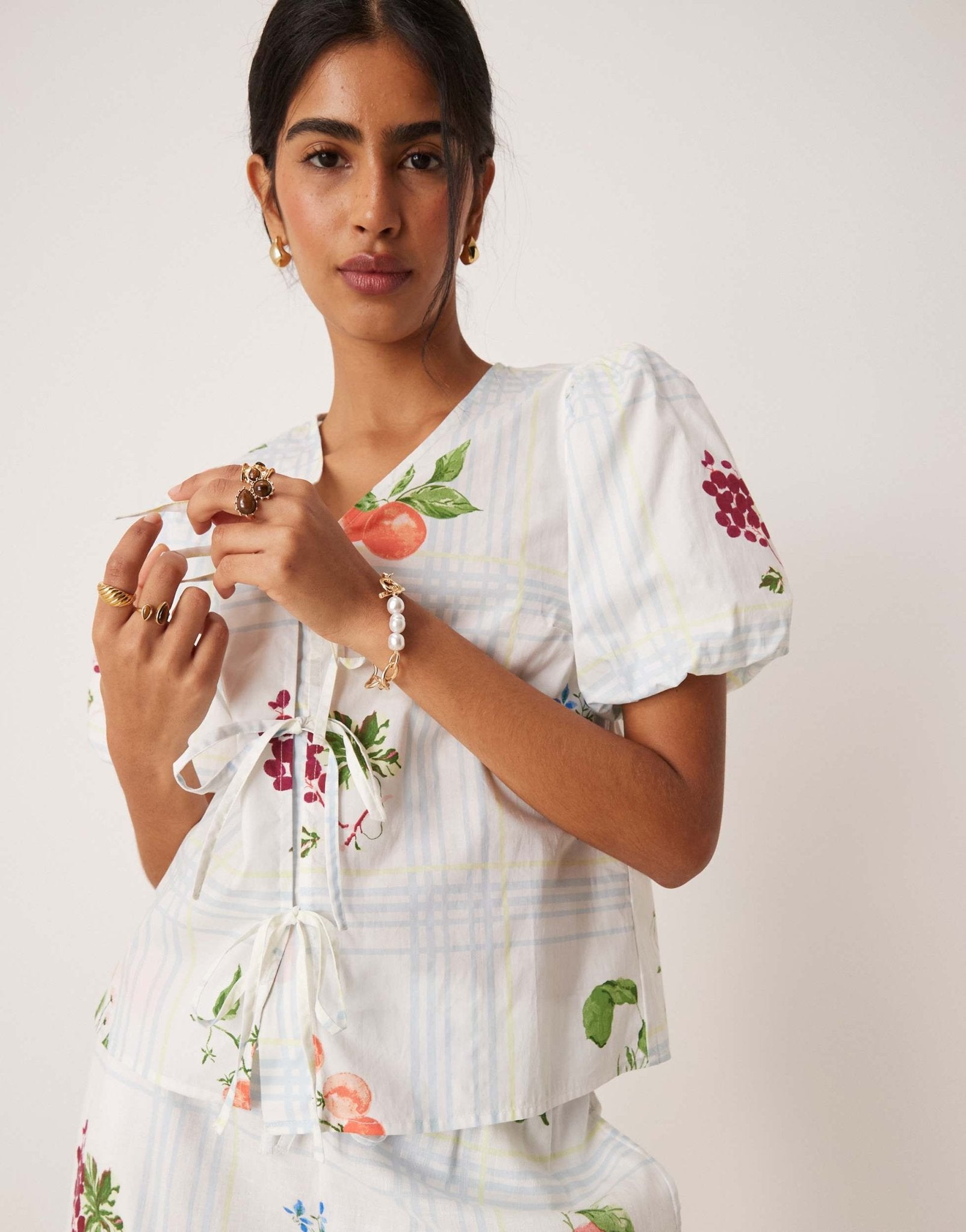 Nobody's Child Bernadetta tie-detail top co-ord in fruit check print - ASOS Sample Sale