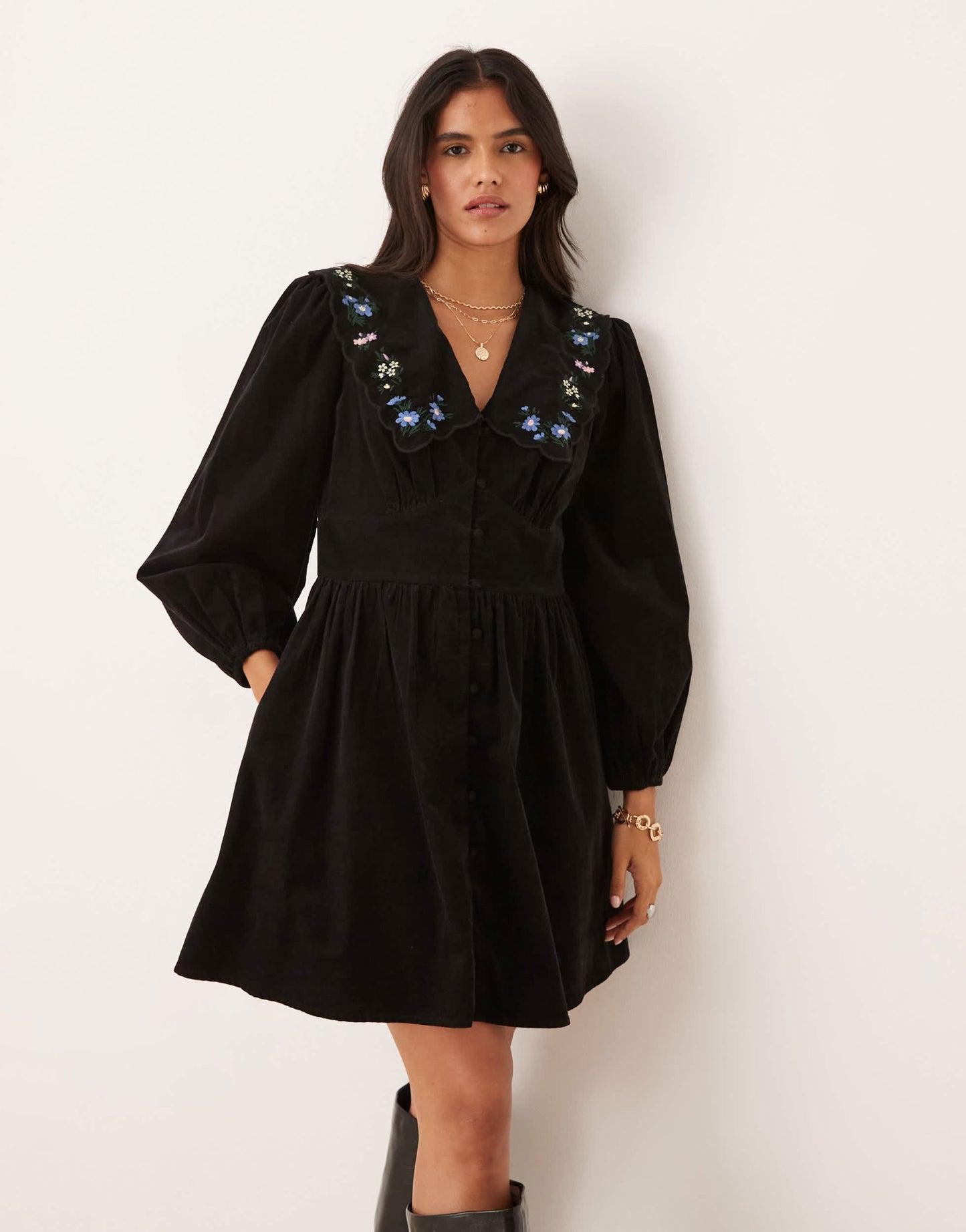 Nobody's Child Birdie mini dress with embroidered collar in black - ASOS Sample Sale