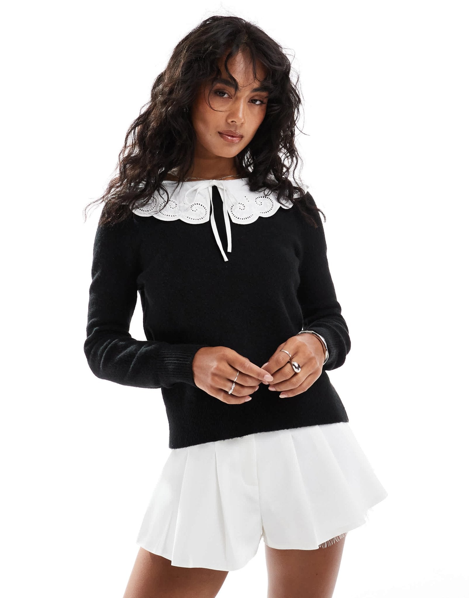 Nobody's Child broderie collar knitted jumper in black and white - ASOS Sample Sale