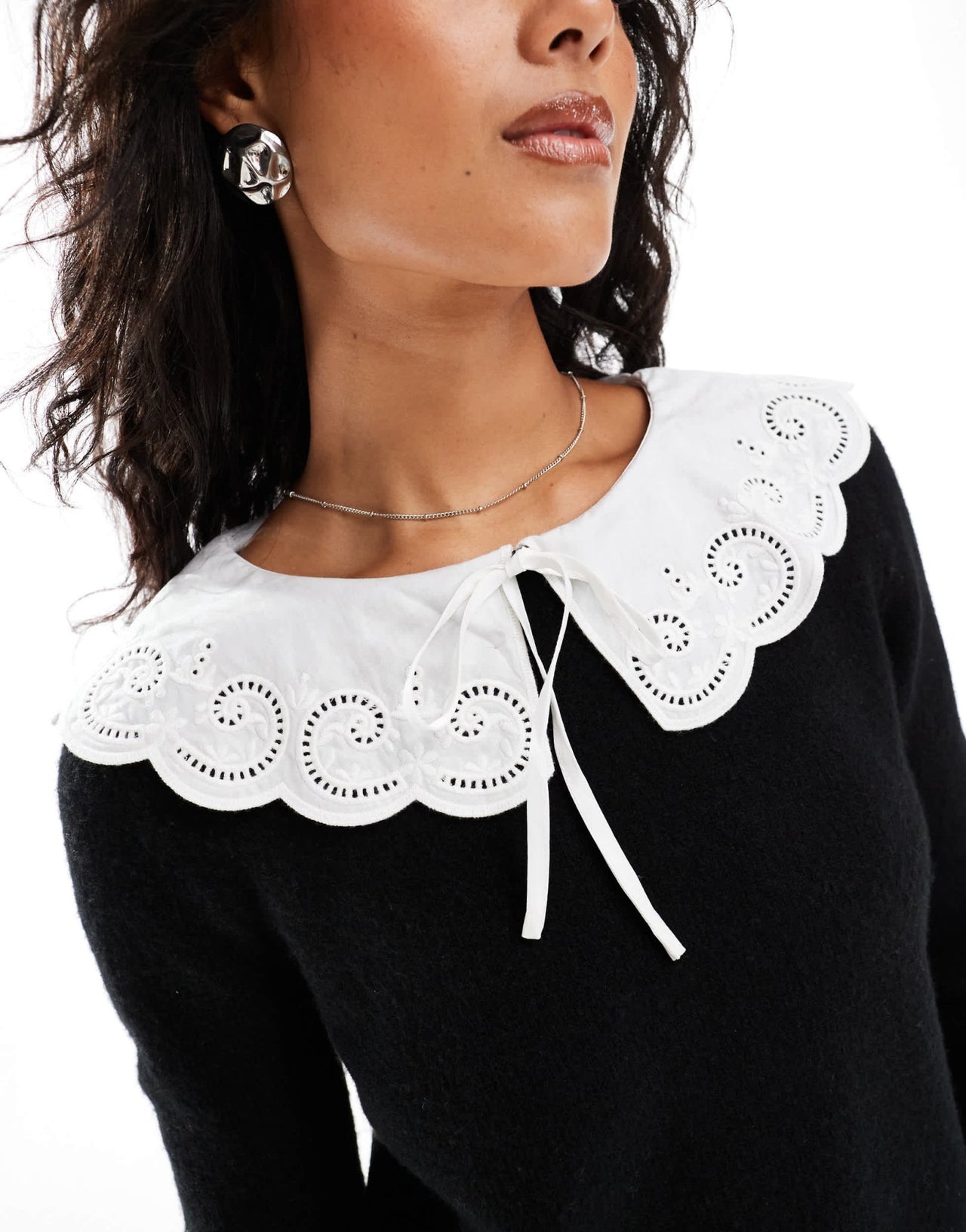 Nobody's Child broderie collar knitted jumper in black and white - ASOS Sample Sale