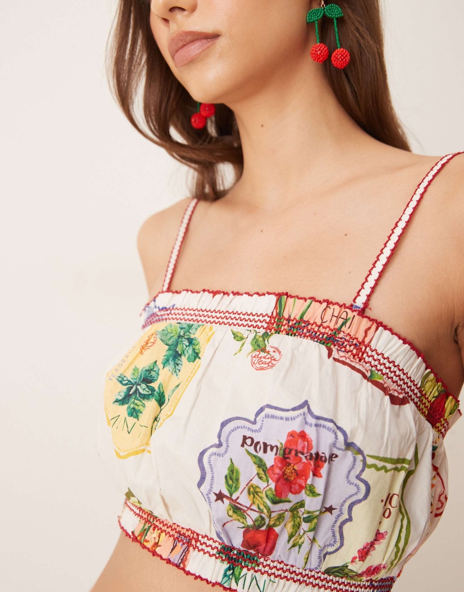 Nobody's Child Chai cropped cami top co-ord in postcard fruit print - ASOS Sample Sale
