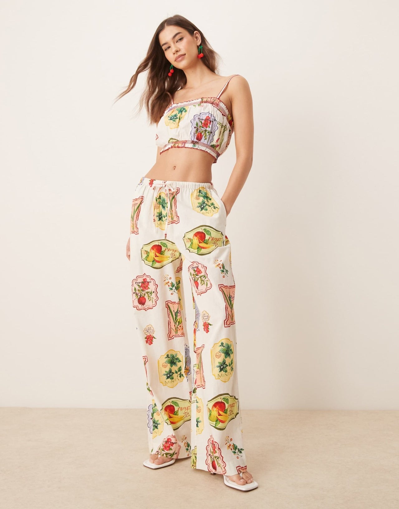 Nobody's Child Chai cropped cami top co-ord in postcard fruit print - ASOS Sample Sale