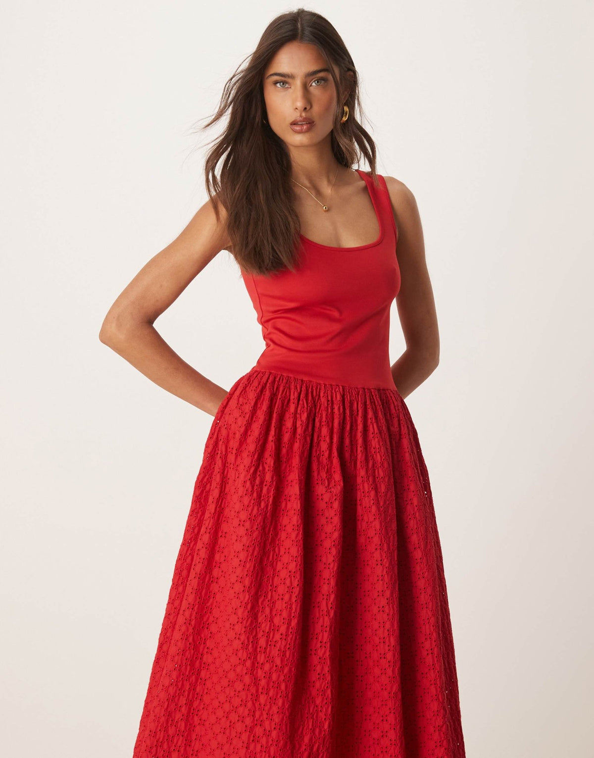 Nobody's Child Colorado midi dress in red with broderie skirt - ASOS Sample Sale