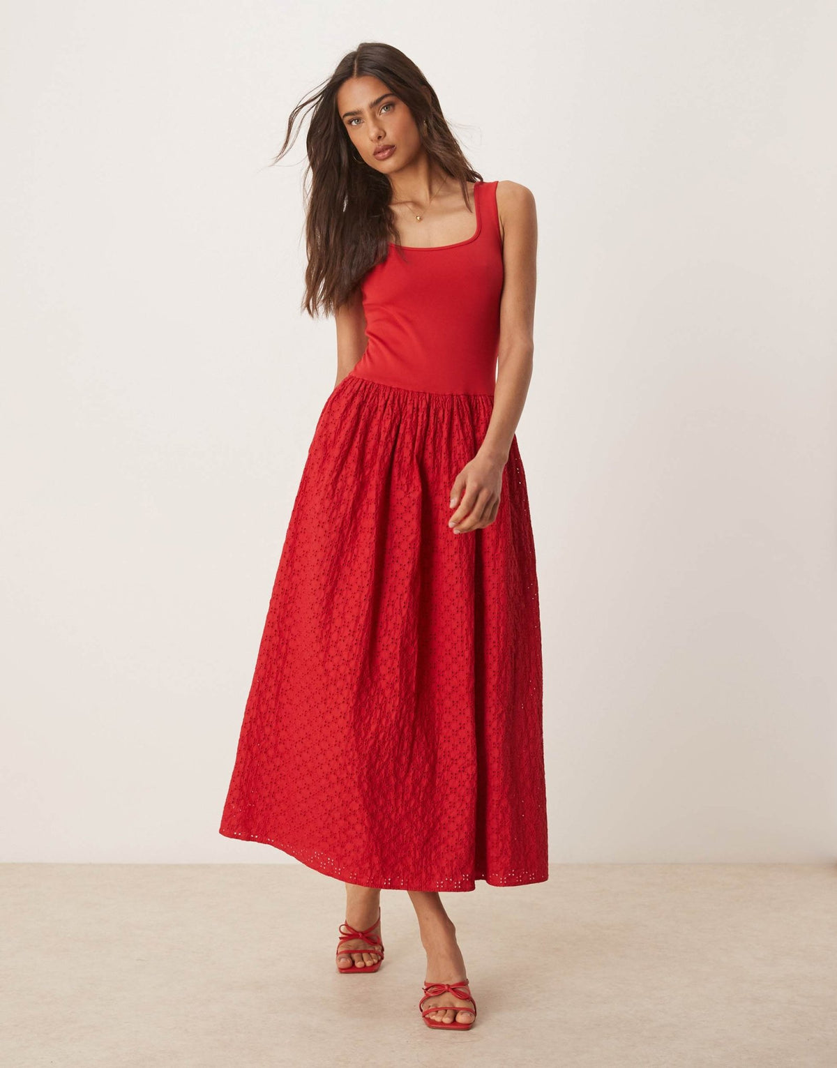 Nobody's Child Colorado midi dress in red with broderie skirt - ASOS Sample Sale