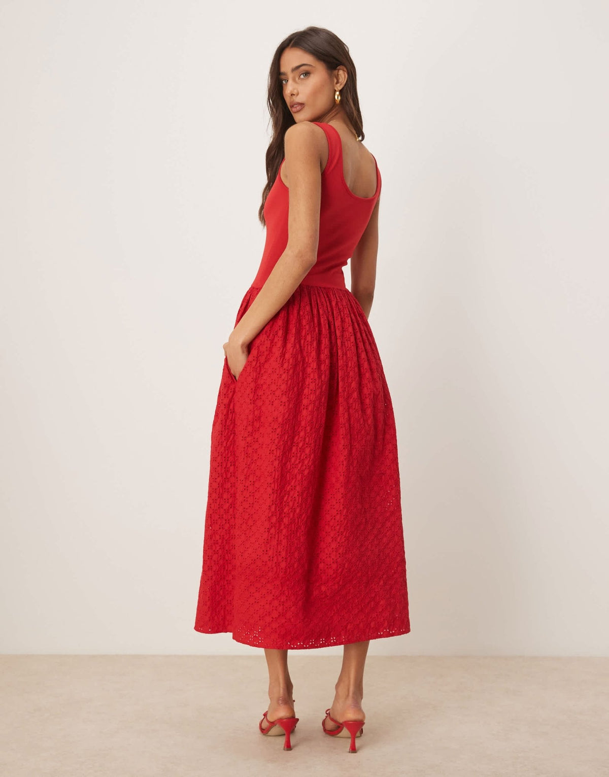 Nobody's Child Colorado midi dress in red with broderie skirt - ASOS Sample Sale