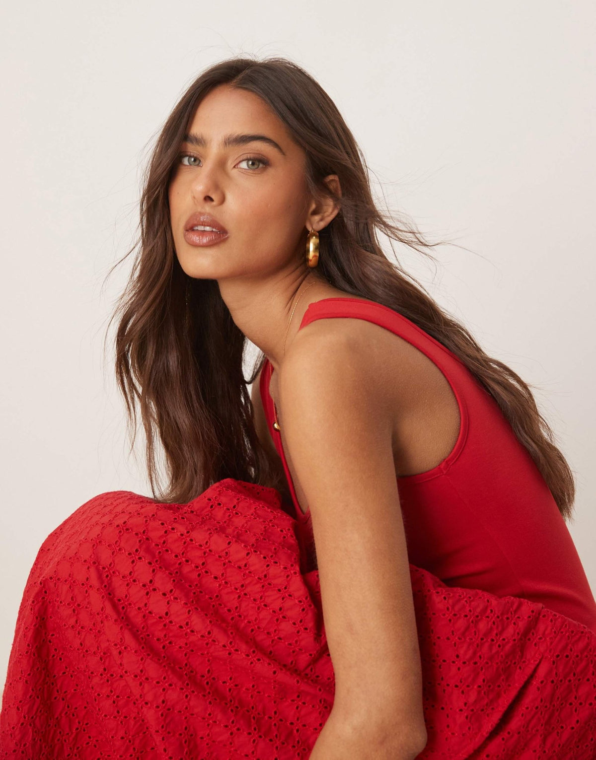 Nobody's Child Colorado midi dress in red with broderie skirt - ASOS Sample Sale