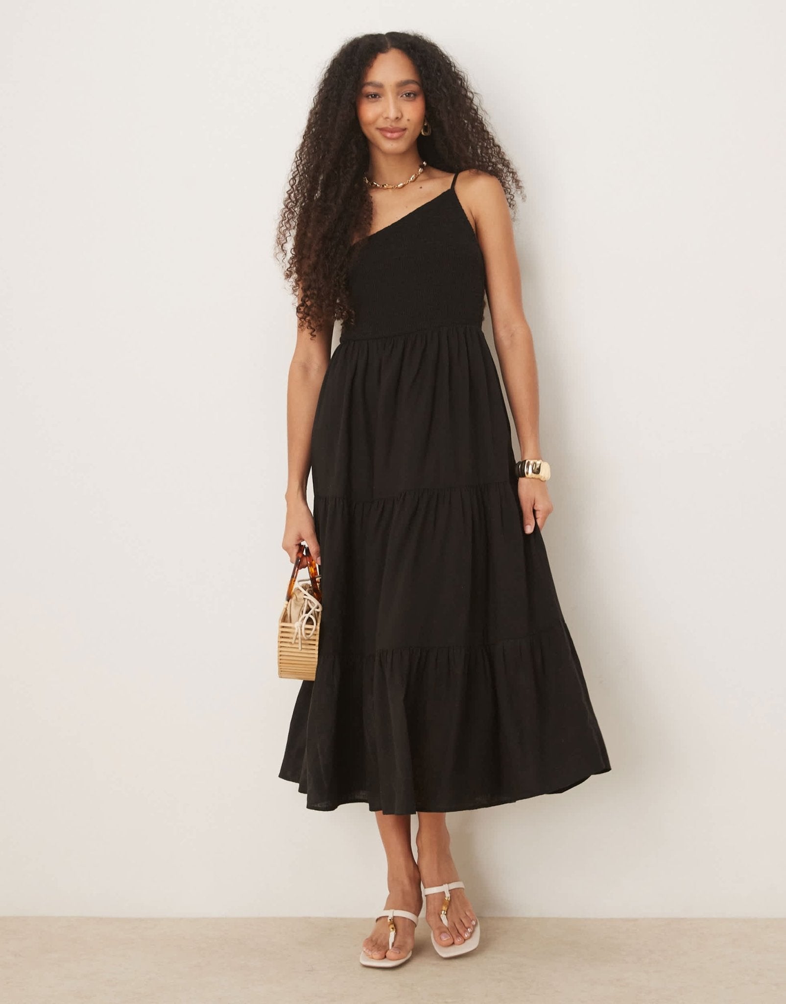 Nobody's Child Frome one shoulder shirred midi dress in black - ASOS Sample Sale