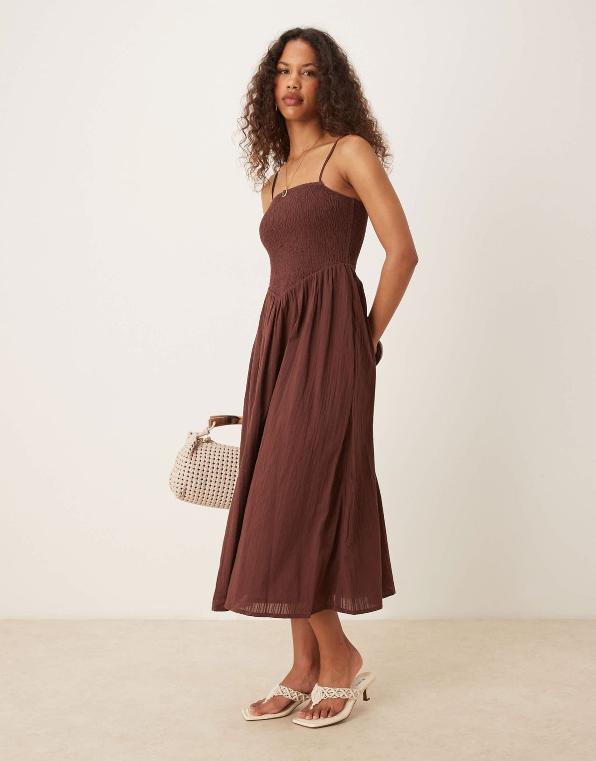 Nobody's Child Imogen strappy midi dress with v-waist in brown - ASOS Sample Sale
