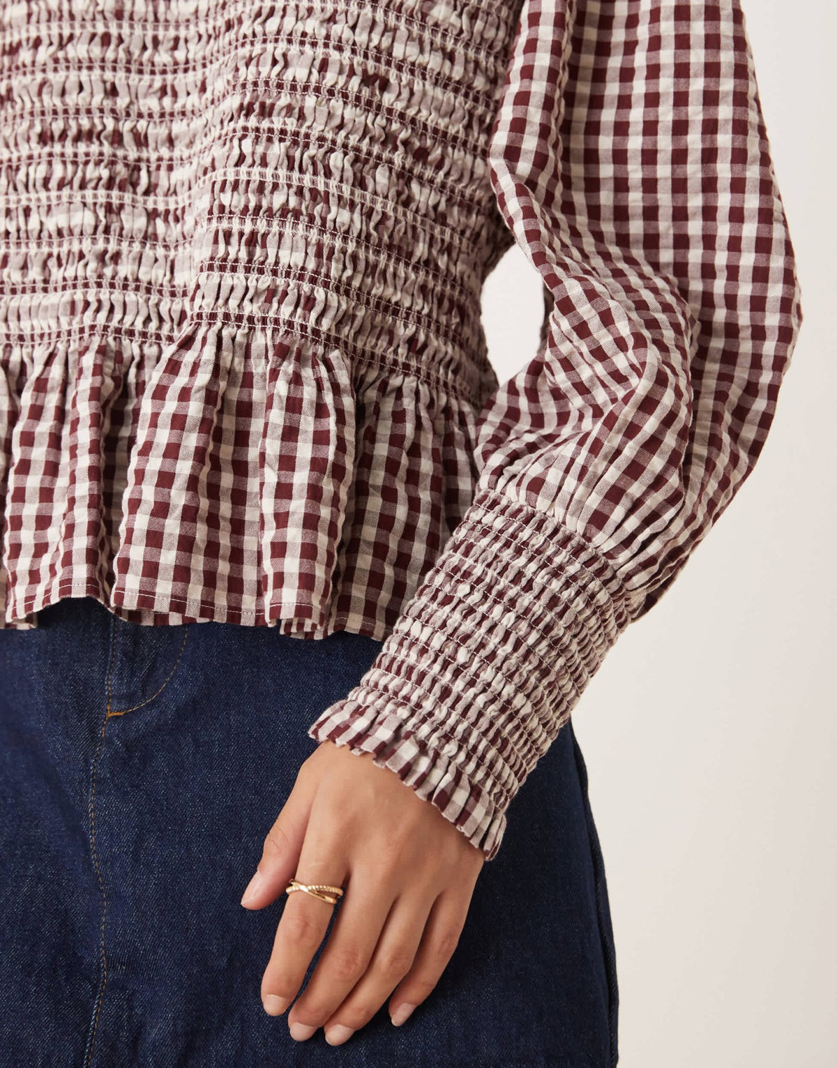 Nobody's Child Knowles balloon sleeve shirred blouse in brown check - ASOS Sample Sale