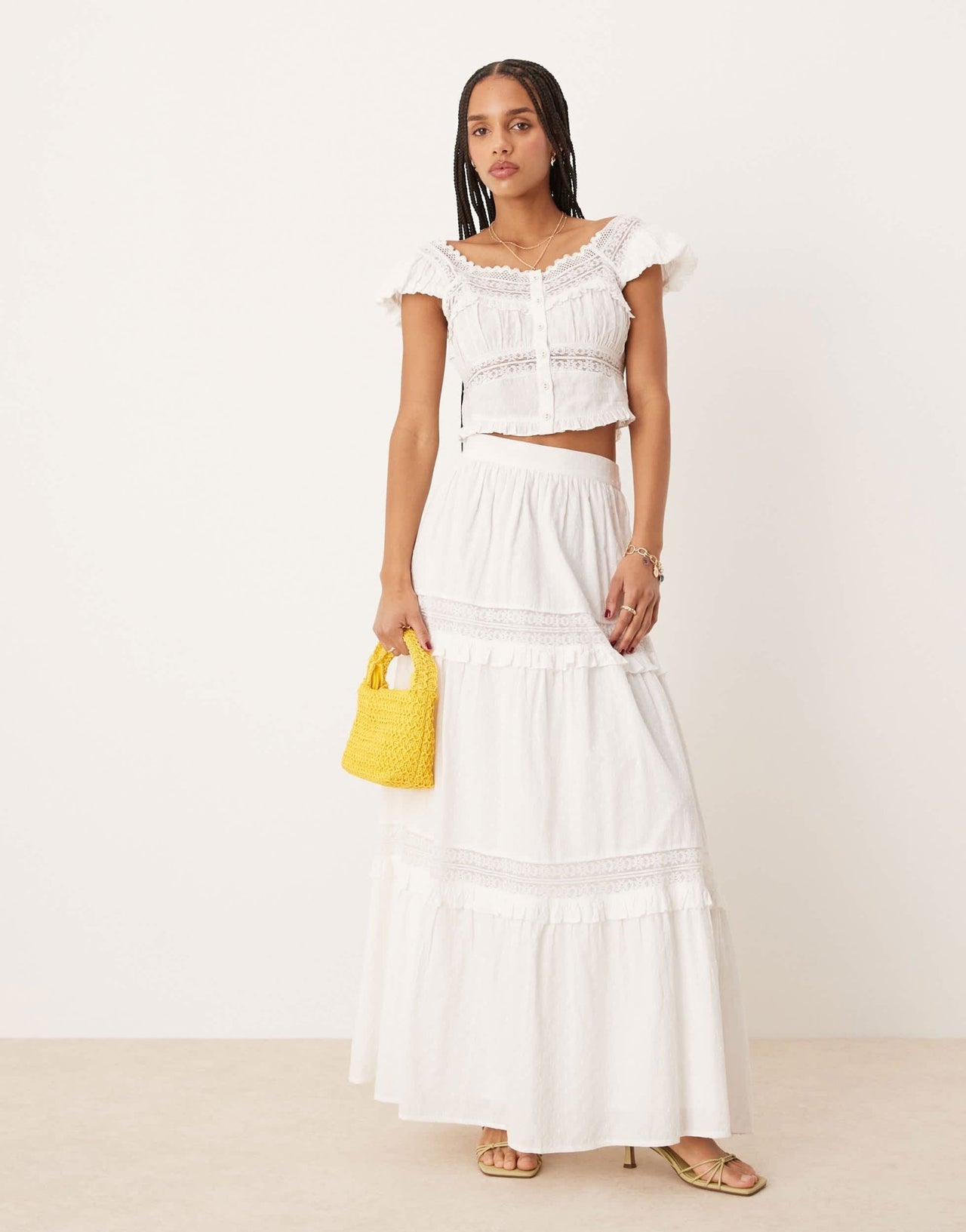 Nobody's Child Lola panelled milkmaid crop top co-ord in white - ASOS Sample Sale