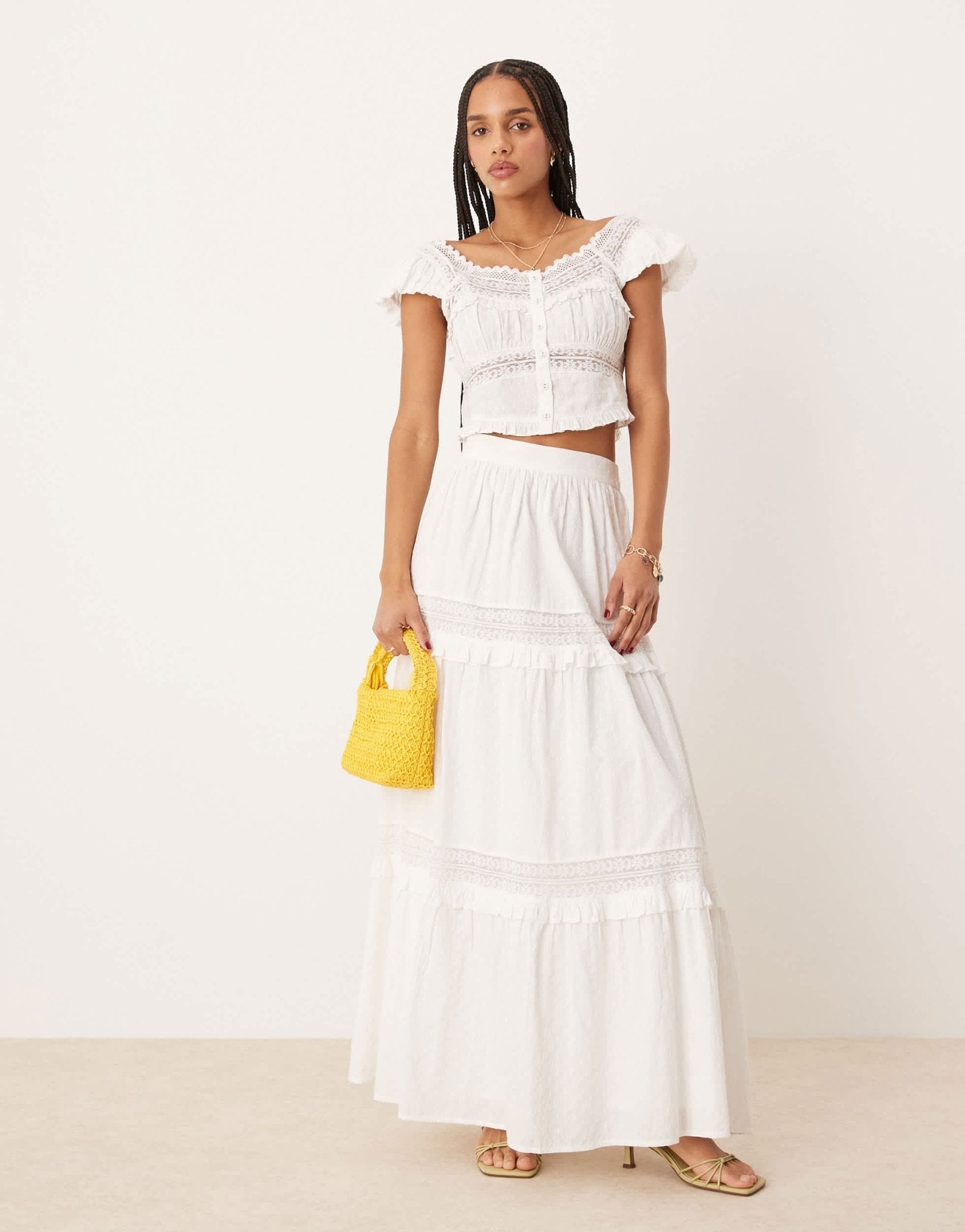 Nobody's Child Lola panelled milkmaid crop top co-ord in white - ASOS Sample Sale