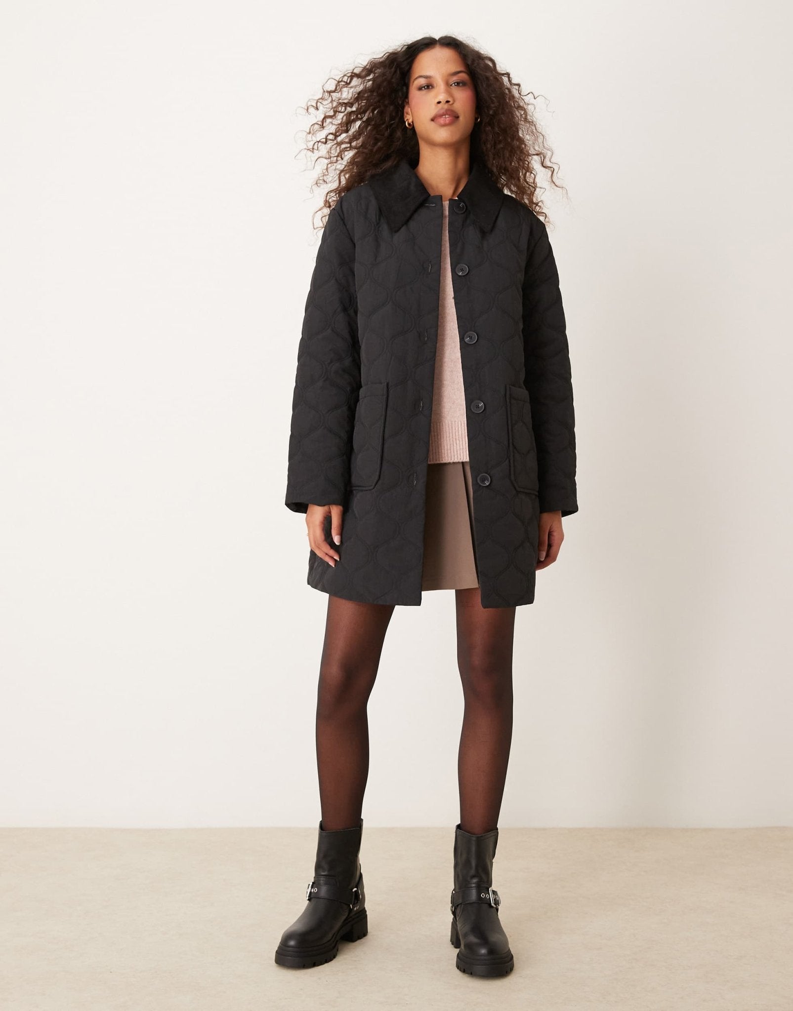 Nobody's Child longline collared quilted jacket in black - ASOS Sample Sale