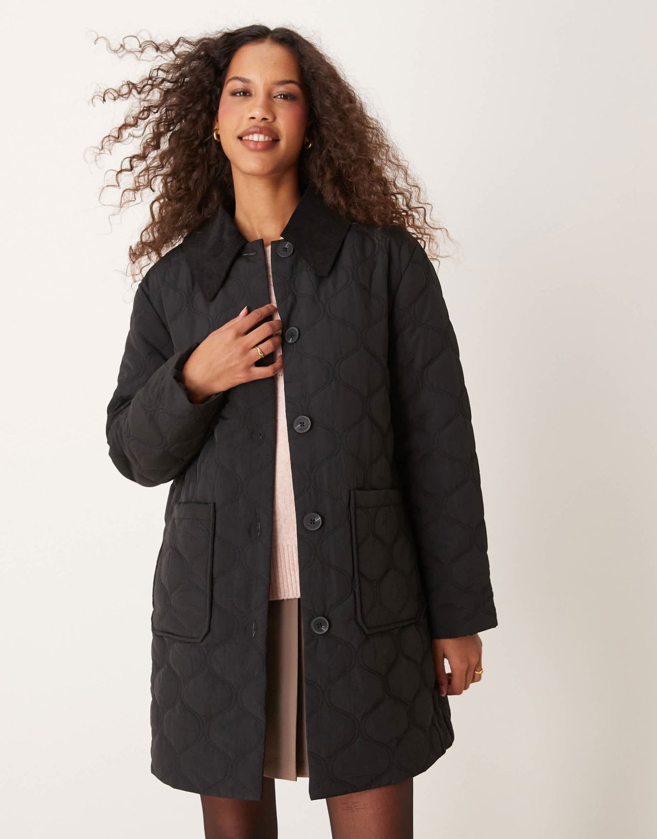 Nobody's Child longline collared quilted jacket in black - ASOS Sample Sale