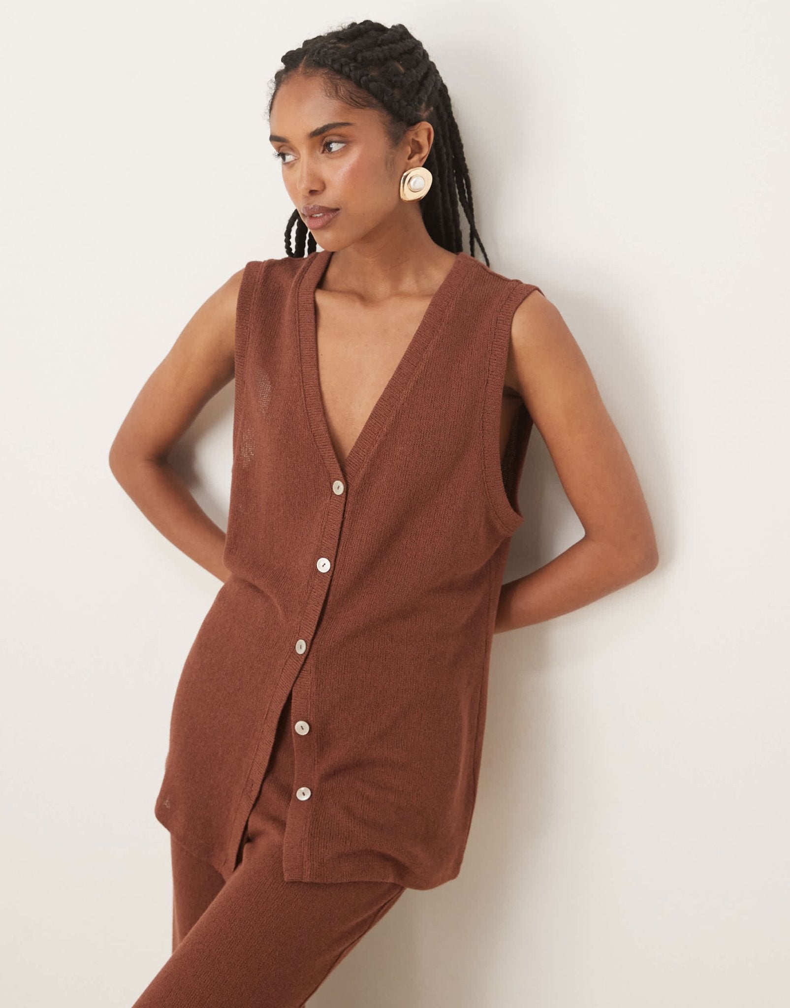 Nobody's Child longline textured waistcoat co-ord in brown - ASOS Sample Sale