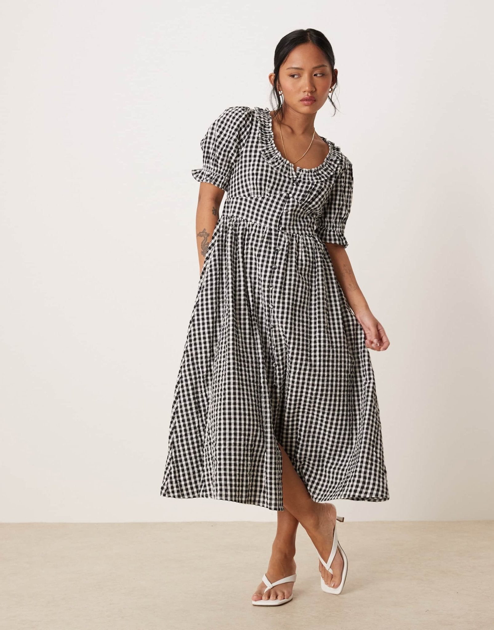 Nobody's Child Petite Flossie frill detail midi dress in black gingham - ASOS Sample Sale