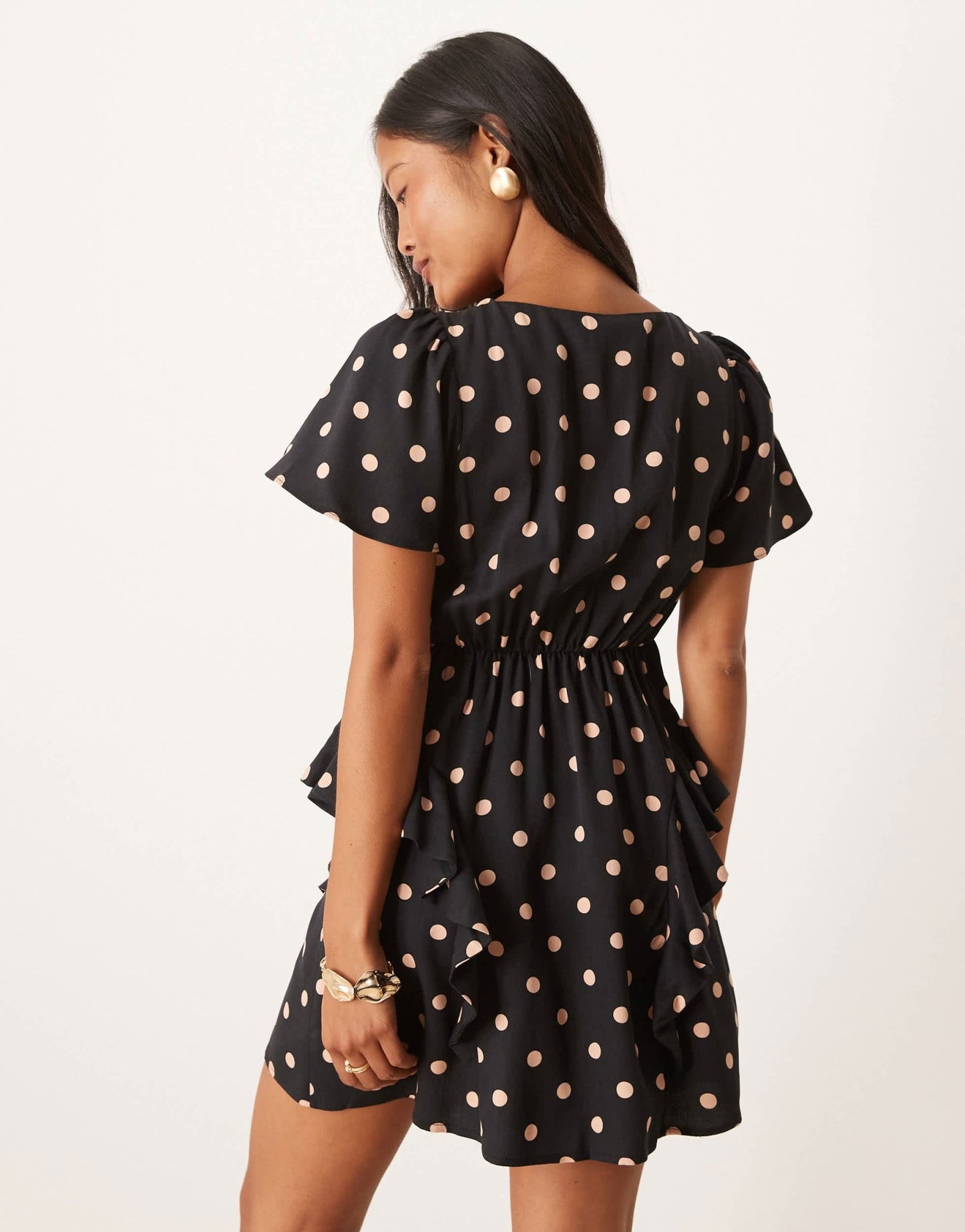 Nobody's Child Petite Lyndsey ruffle detail mini dress in black spot - ASOS Sample Sale
