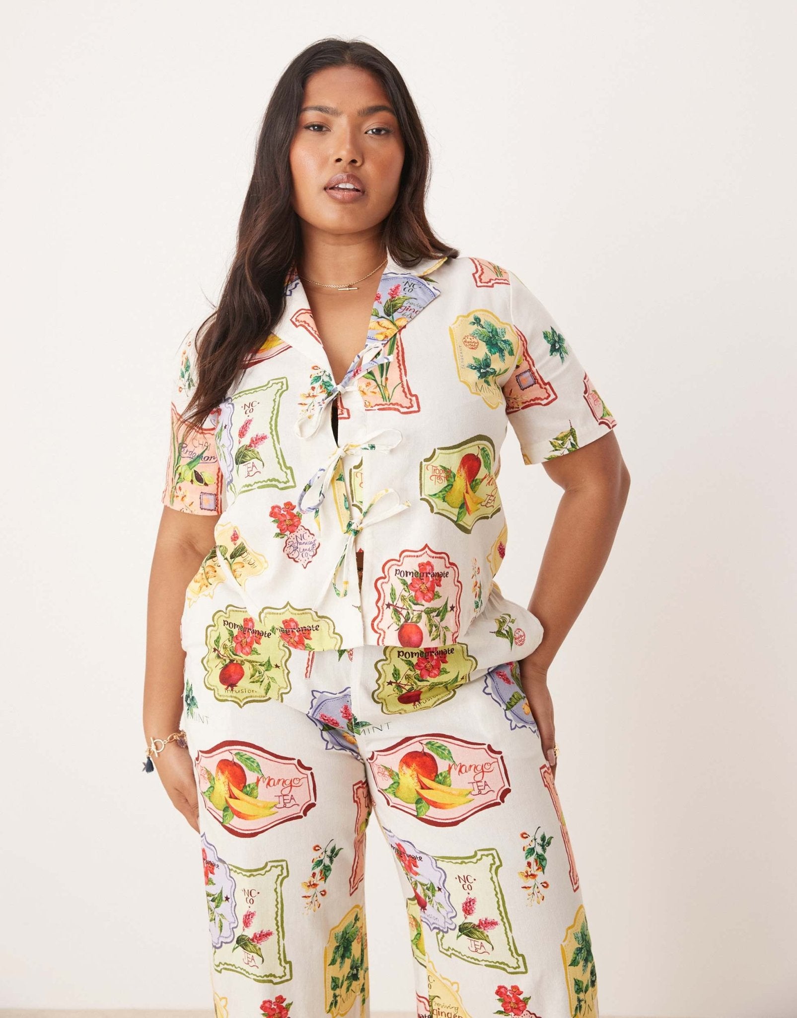 Nobody's Child Plus Harper tie detail shirt co - ord in postcard fruit print - ASOS Sample Sale