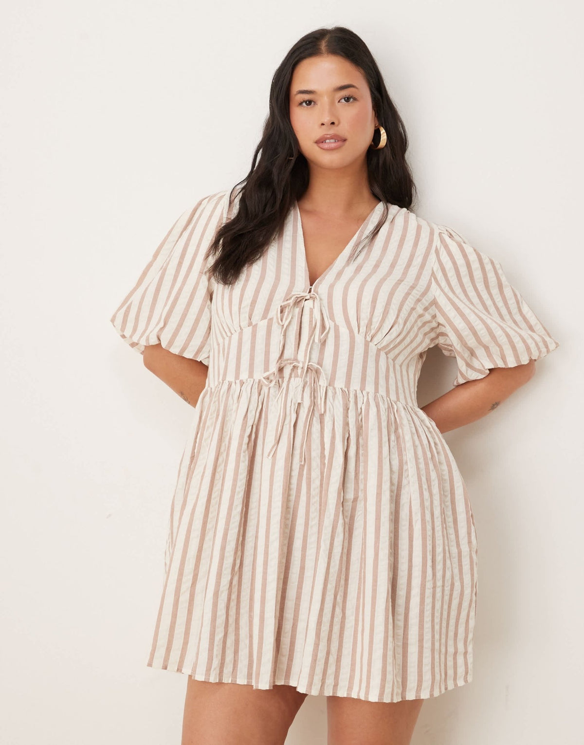 Nobody's Child Plus Scottie puff sleeve mini dress in neutral stripe - ASOS Sample Sale