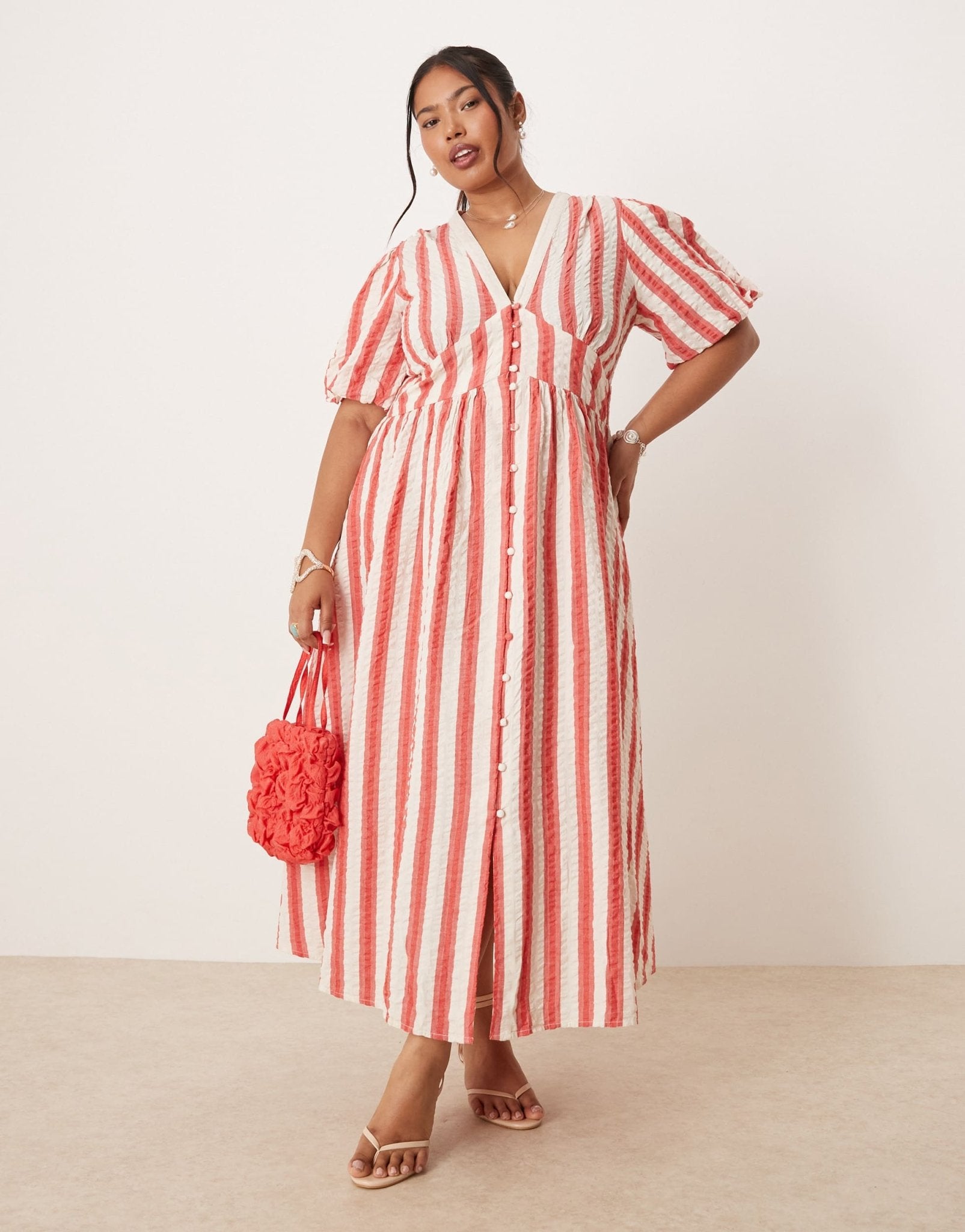 Nobody's Child Plus Starlight puff sleeve midi dress in red and white stripe - ASOS Sample Sale