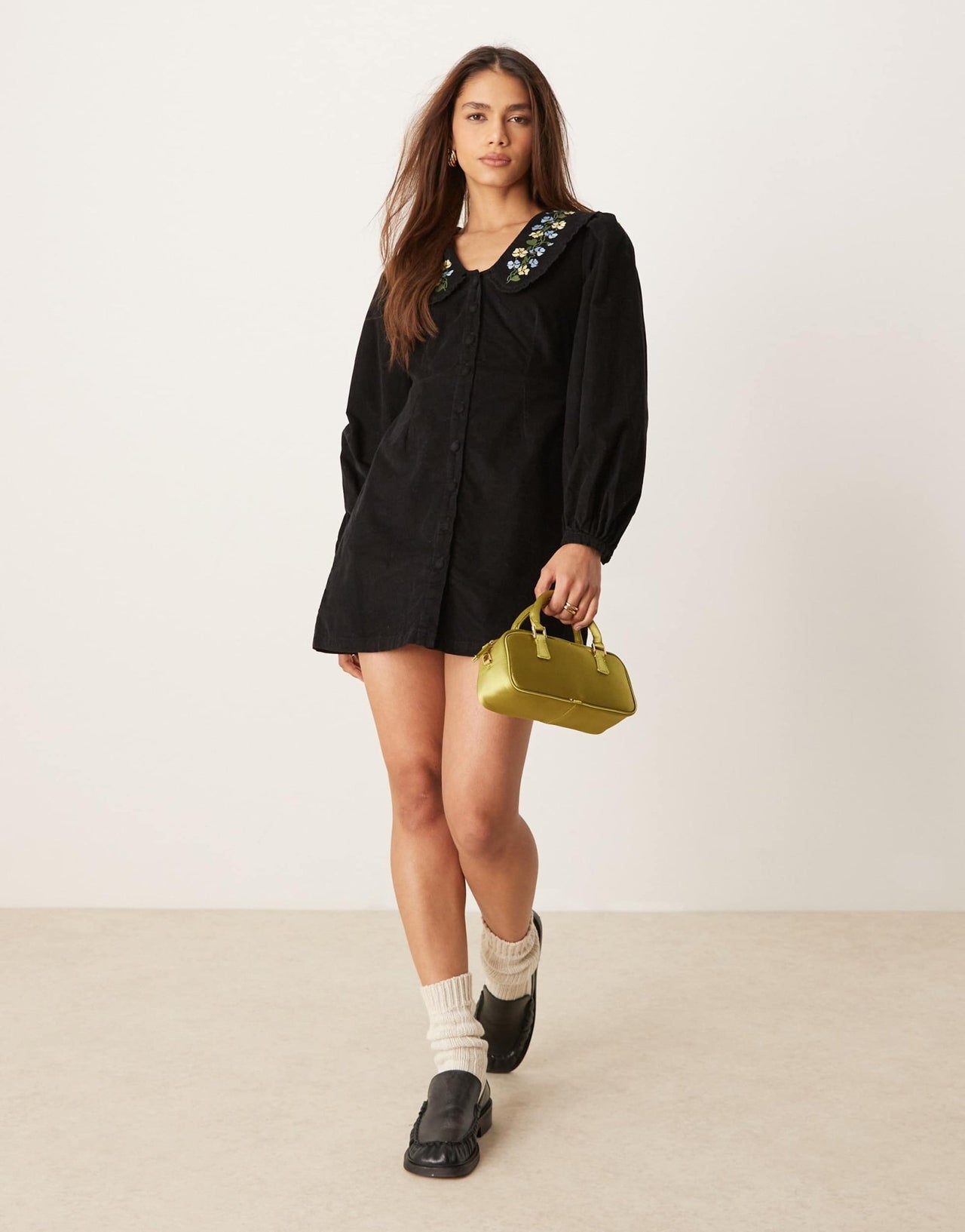 Nobody's Child Primrose cord mini dress with embroidered collar in black - ASOS Sample Sale