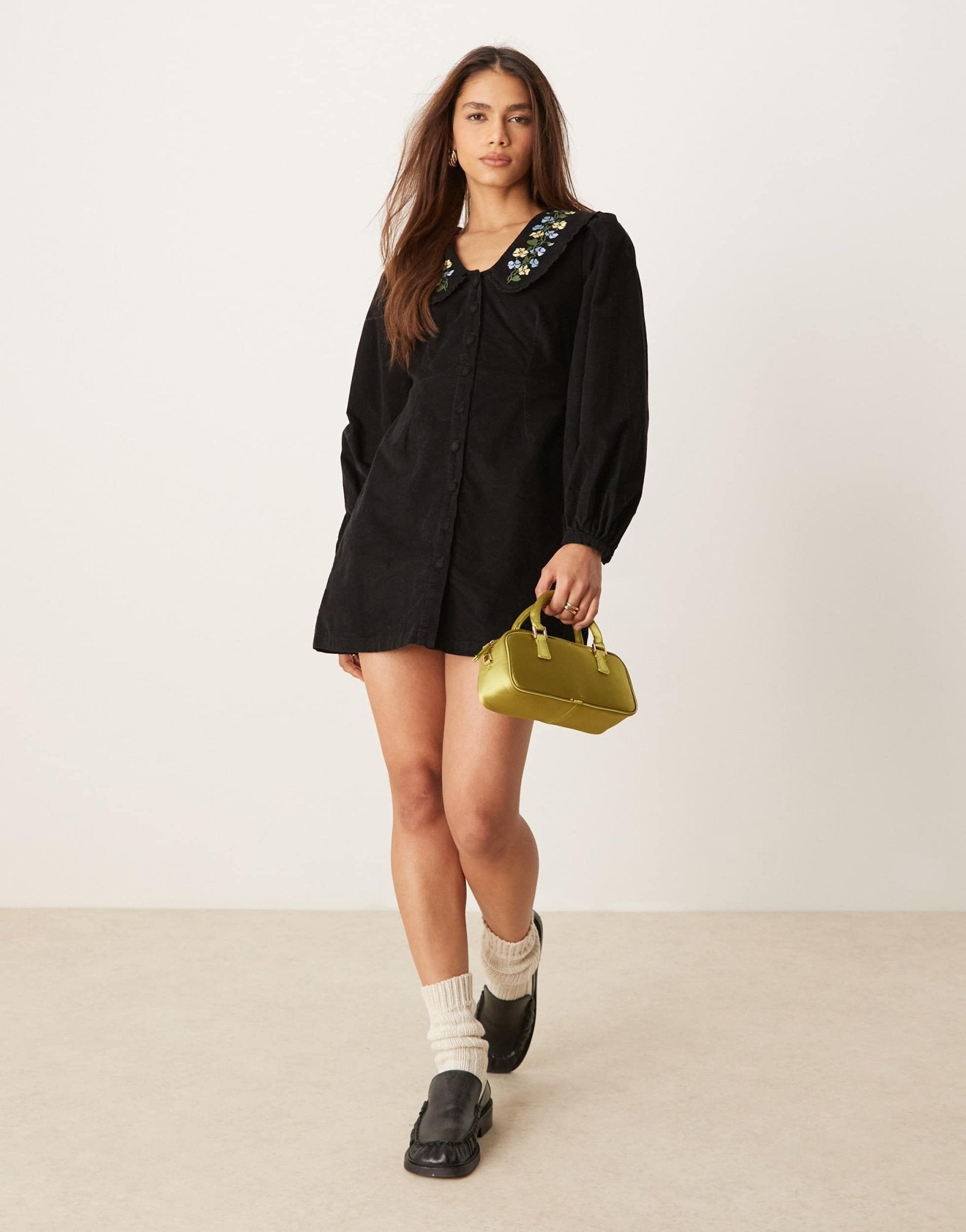 Nobody's Child Primrose cord mini dress with embroidered collar in black - ASOS Sample Sale
