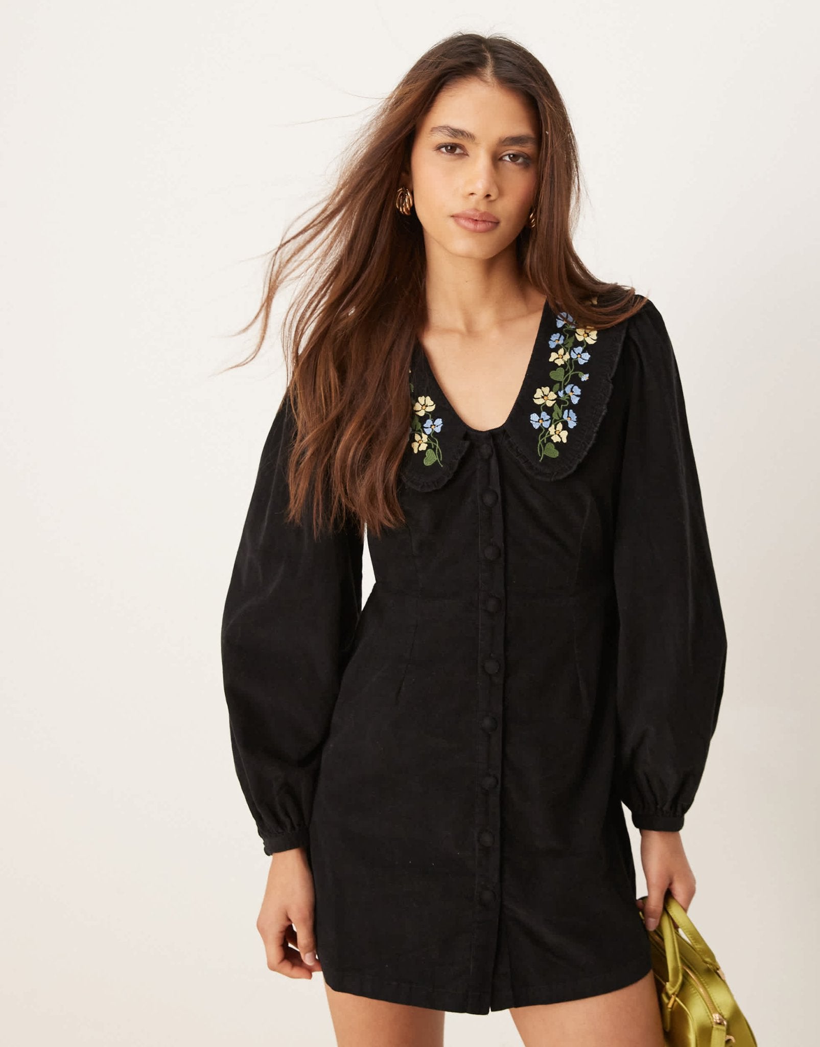 Nobody's Child Primrose cord mini dress with embroidered collar in black - ASOS Sample Sale