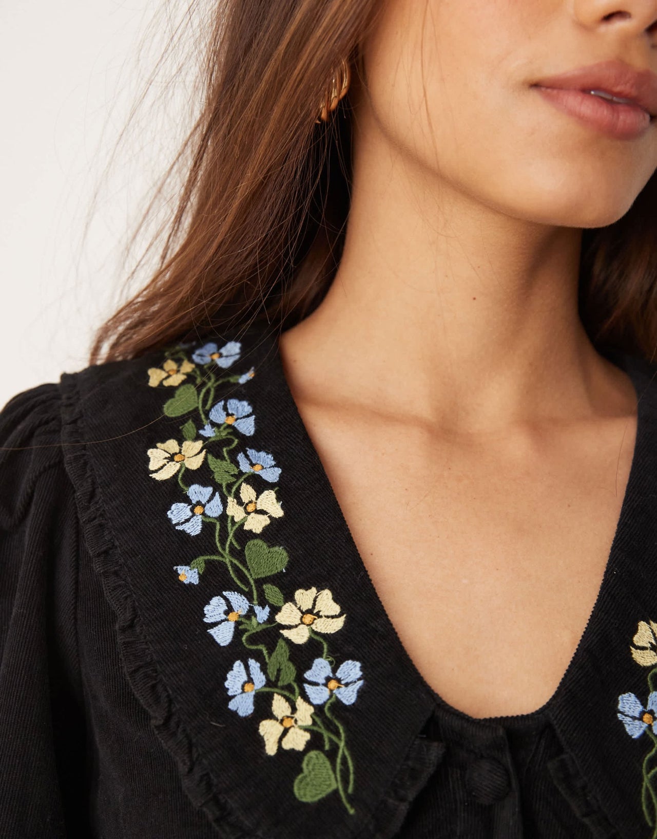 Nobody's Child Primrose cord mini dress with embroidered collar in black - ASOS Sample Sale