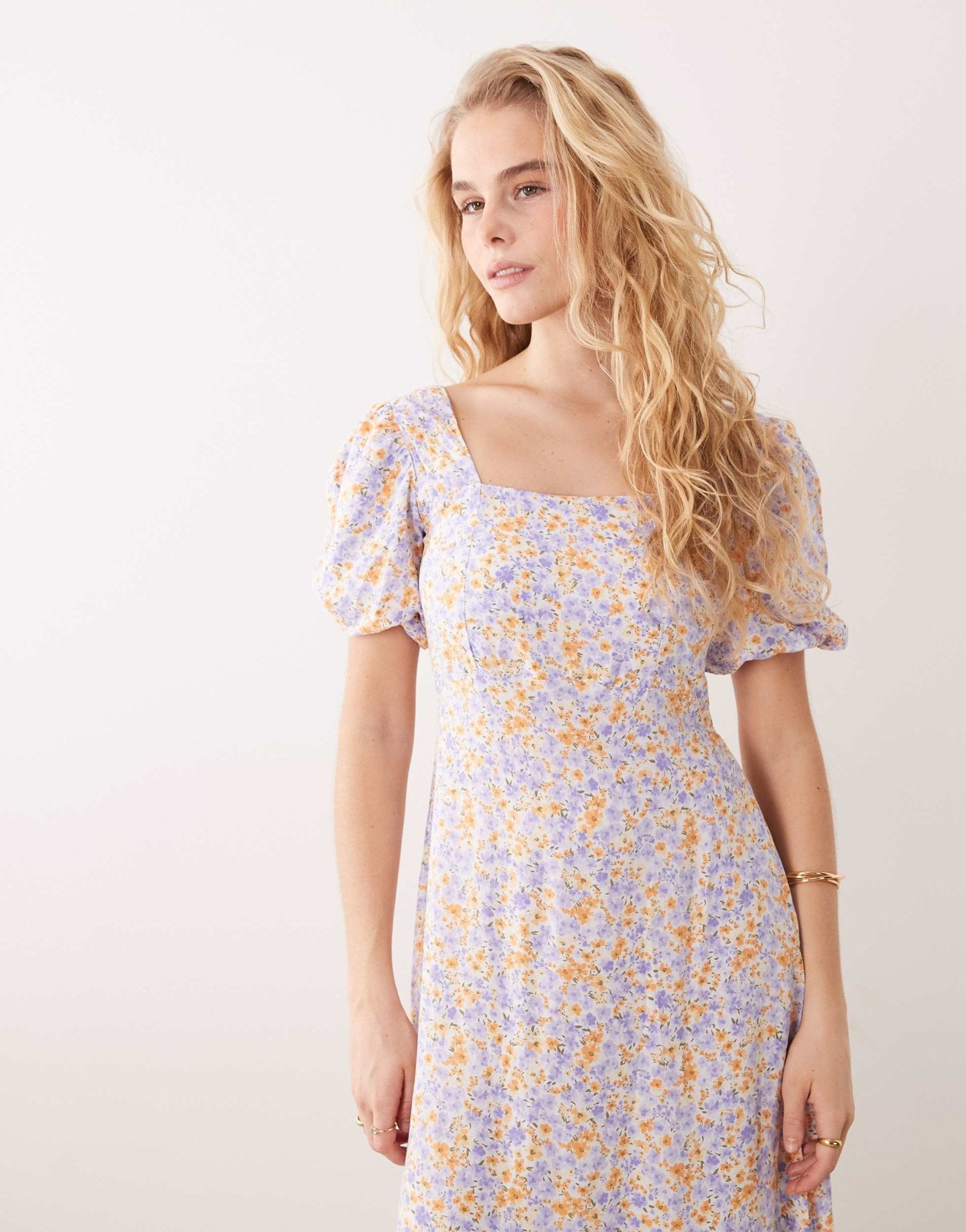 Nobody's Child puff sleeve midi dress in lilac and yellow - ASOS Sample Sale