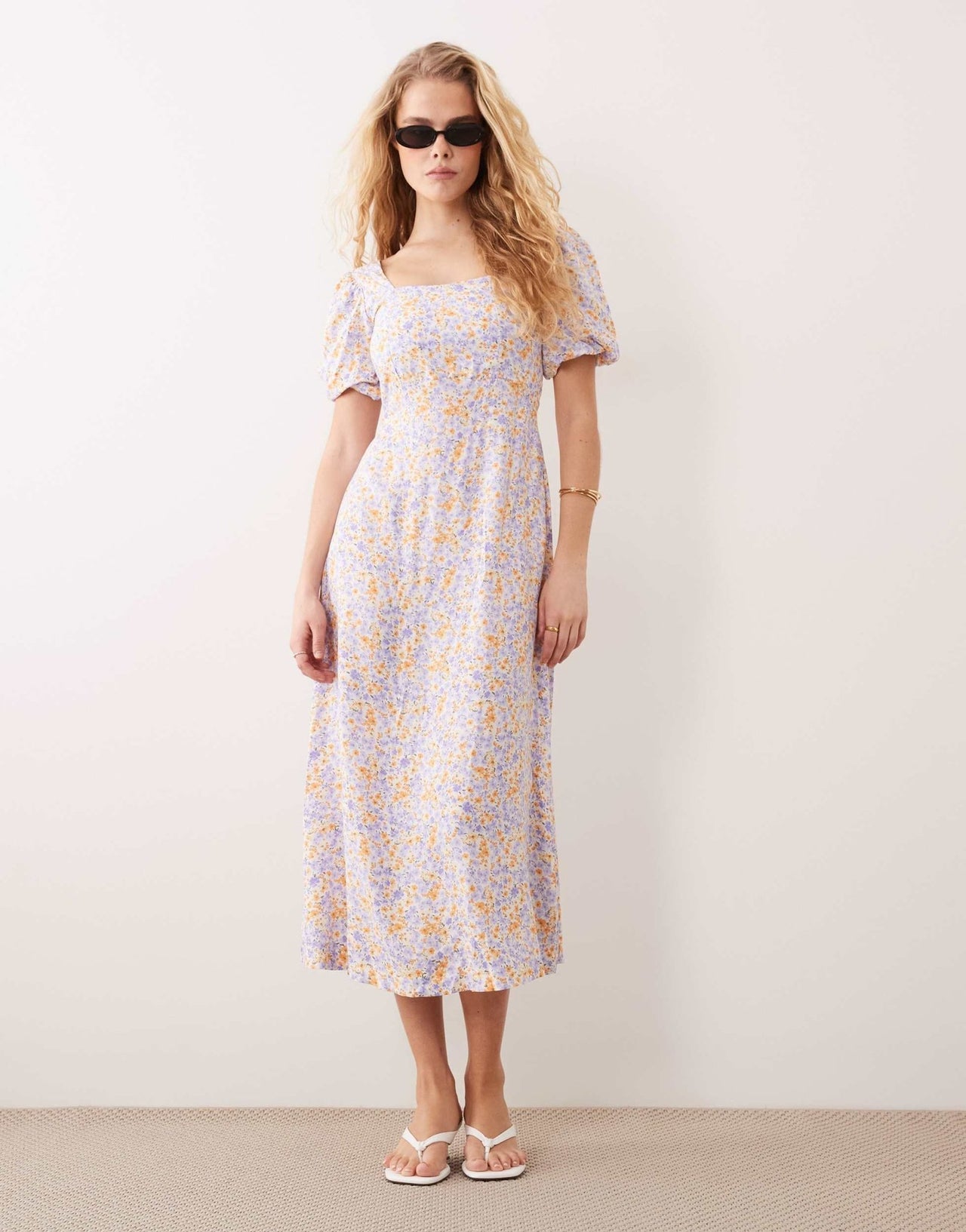 Nobody's Child puff sleeve midi dress in lilac and yellow - ASOS Sample Sale