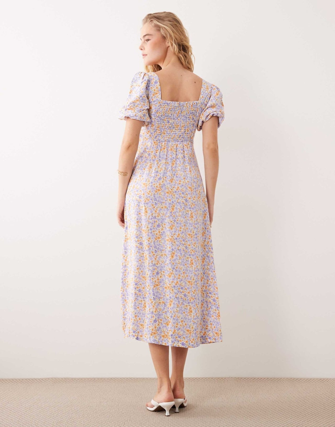 Nobody's Child puff sleeve midi dress in lilac and yellow - ASOS Sample Sale