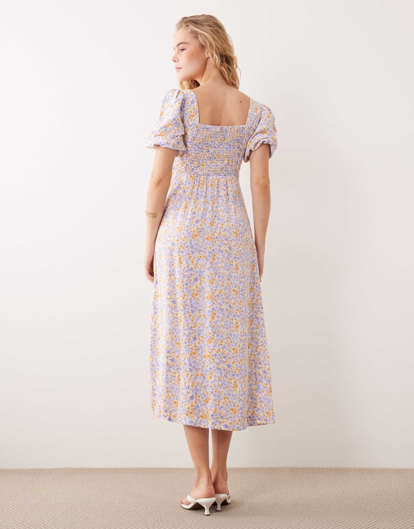 Nobody's Child puff sleeve midi dress in lilac and yellow - ASOS Sample Sale