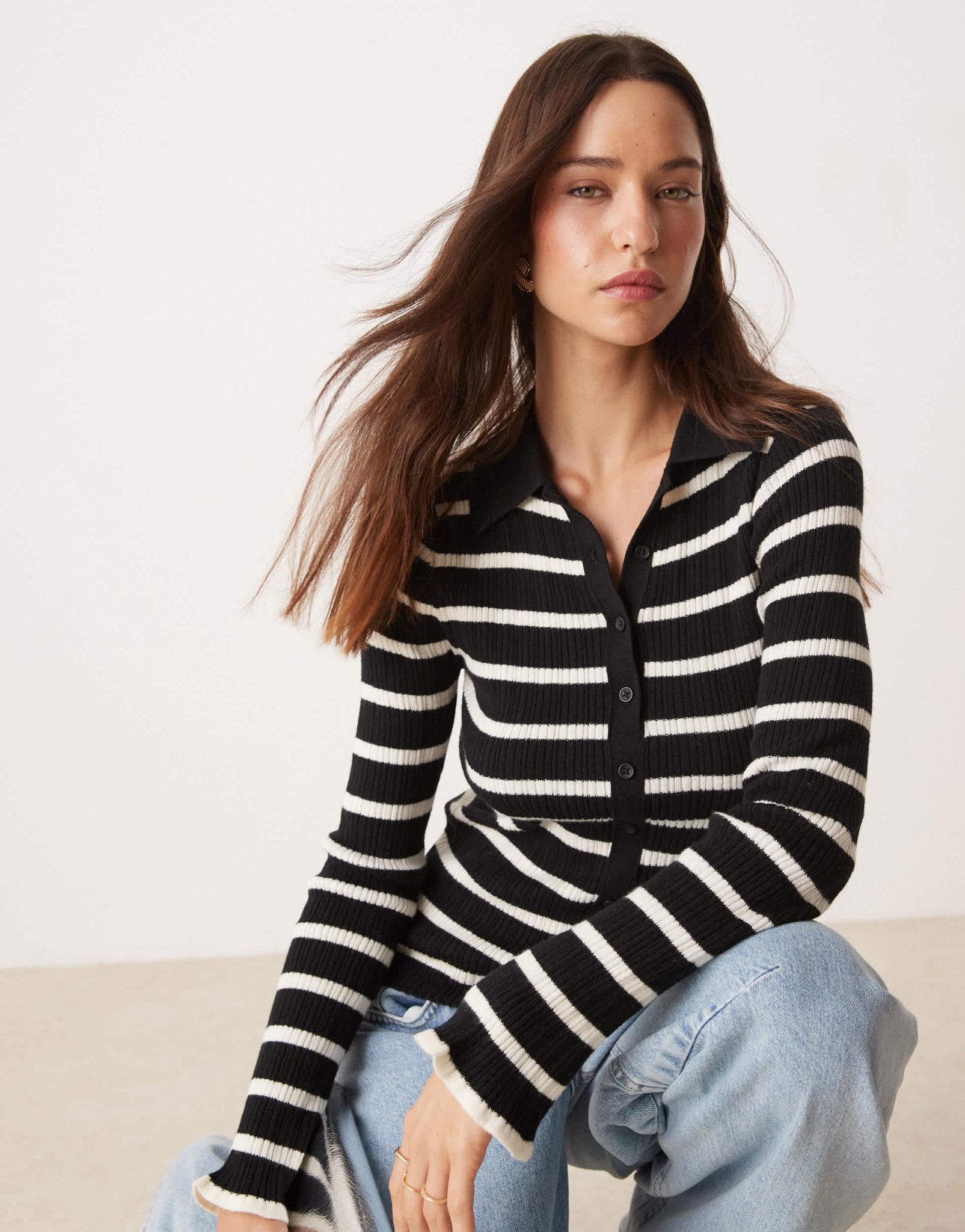 Nobody's Child ribbed button through top in knitted stripe - ASOS Sample Sale