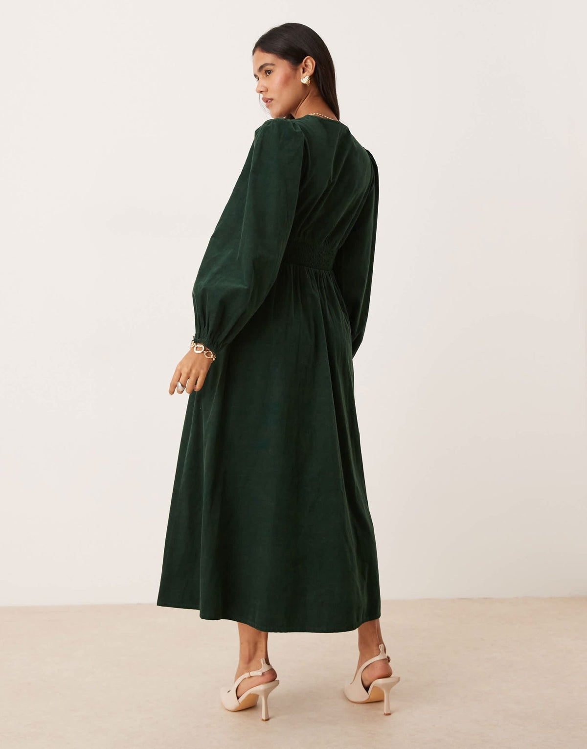 Nobody's Child Riley cord v-neck midi dress in dark green - ASOS Sample Sale