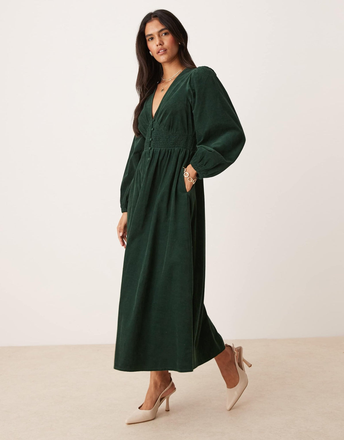 Nobody's Child Riley cord v-neck midi dress in dark green - ASOS Sample Sale